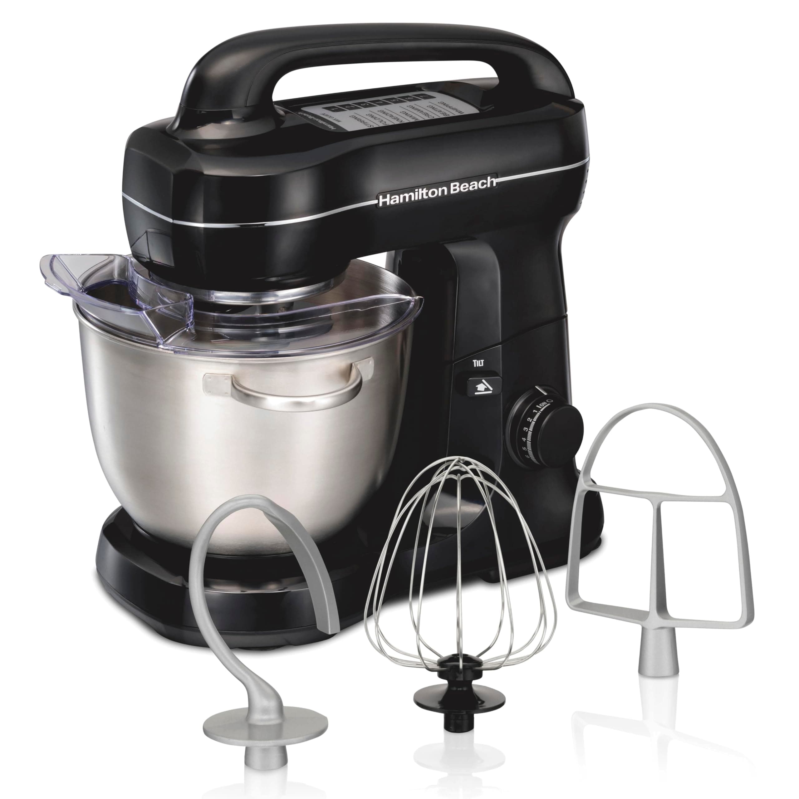 Electric Stand Mixer, 4 Quarts, Dough Hook, Flat Beater Attachments, Splash Guard 7 Speeds with Whisk, Easy-Carry Top Handle, Black
