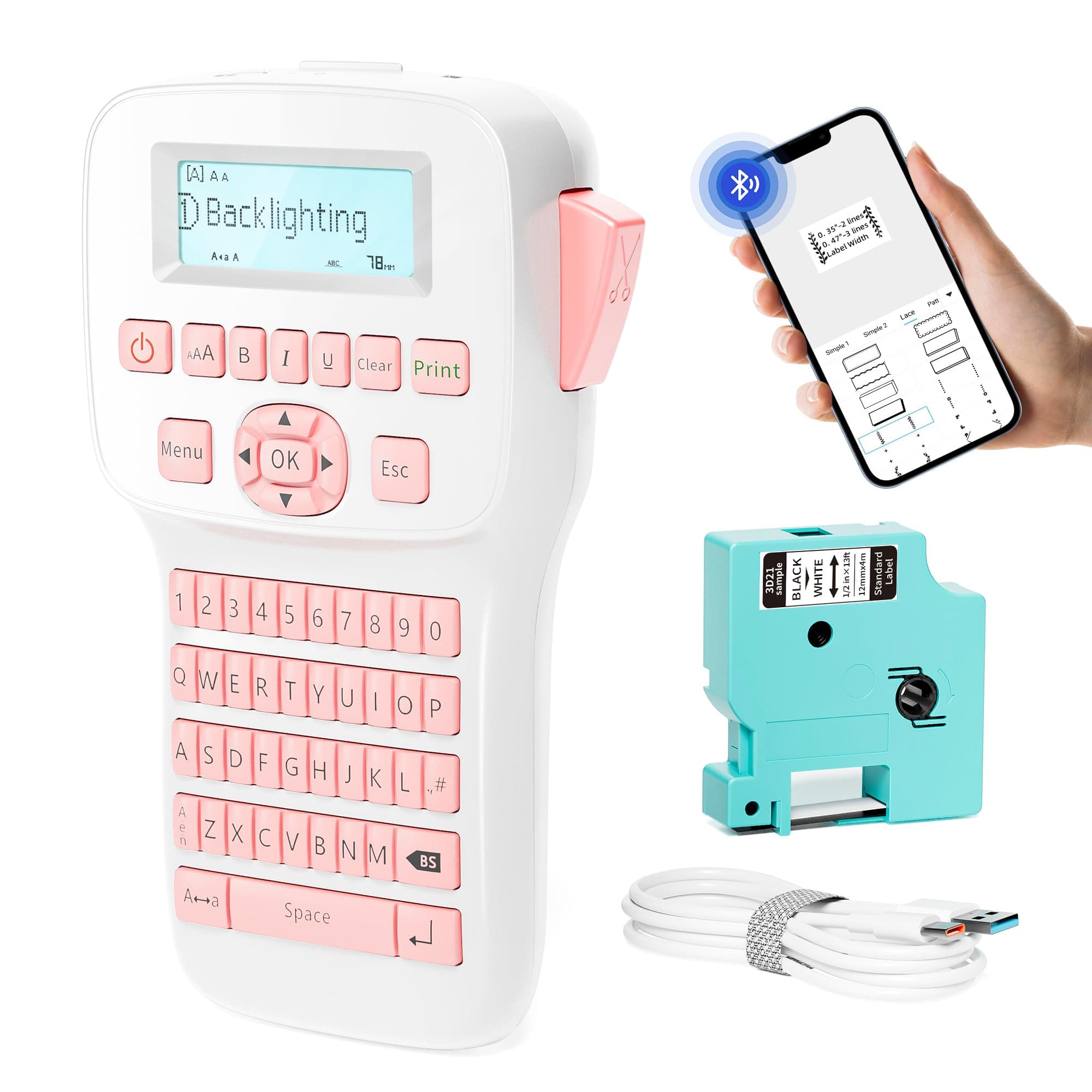 Pink Label Maker, Rechargeable Label Makers with Keyboard, Handheld Label Maker Machine with Bluetooth Backlit Large Display LM1600, Portable Labeler for Home & Office Organization School Kids