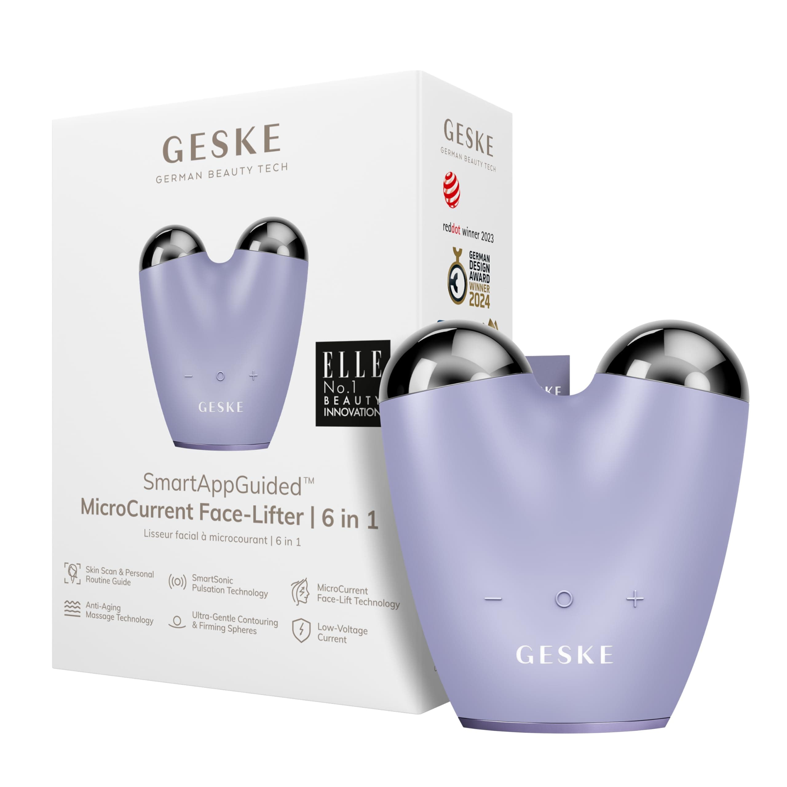 GESKE SmartAppGuided™ Microcurrent facial lifter | 6 in 1 | face lifter | face and jaw line trainer | face tightening | anti-aging device | micro current against wrinkles | couple