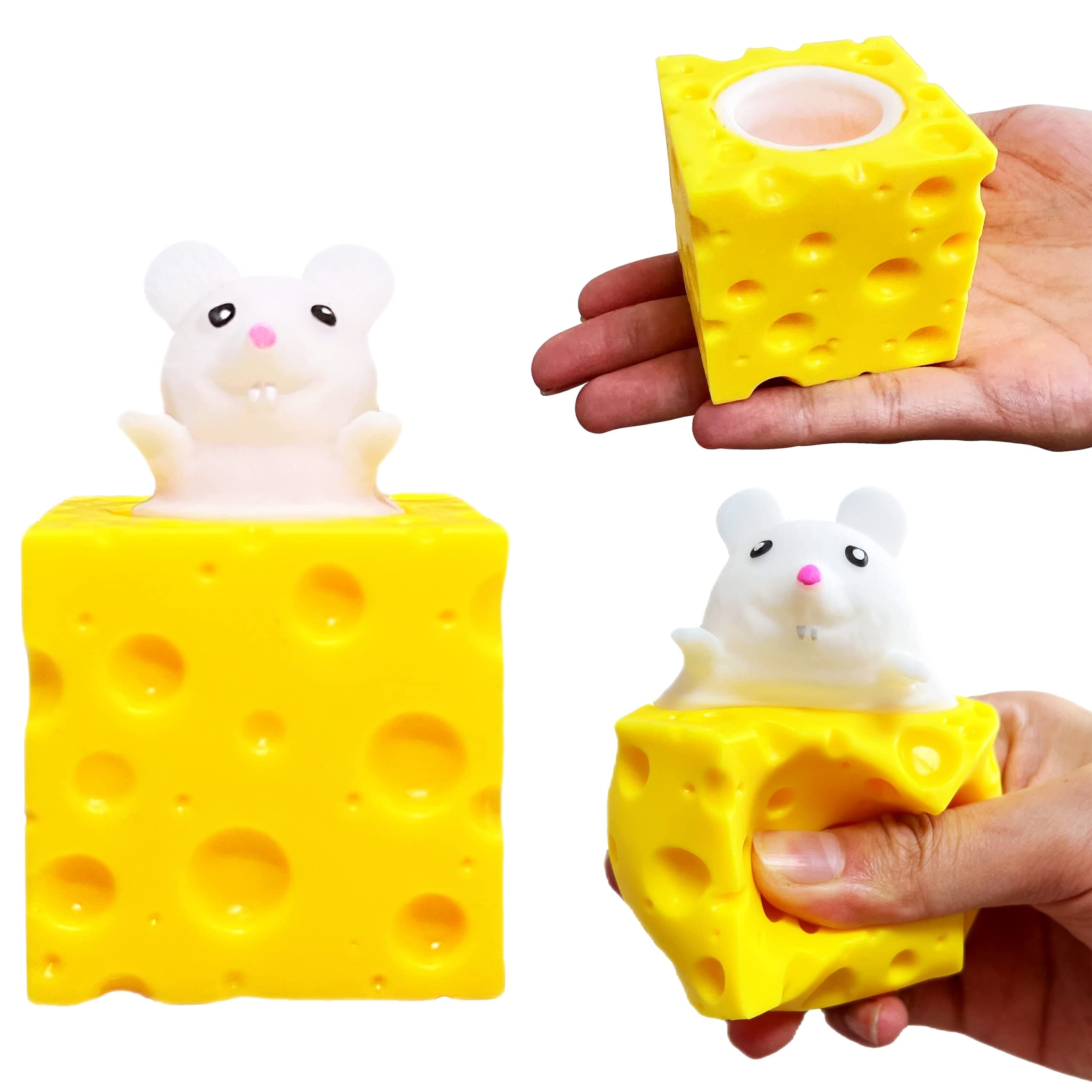 Squishy Cheese Stress Balls - Pop Fidget Toys (1-Pack) Animal Stress Balls, Mouse Squeeze Sensory Fidget Toy, Stretchy Stress Relief Balls for Kids and Adults
