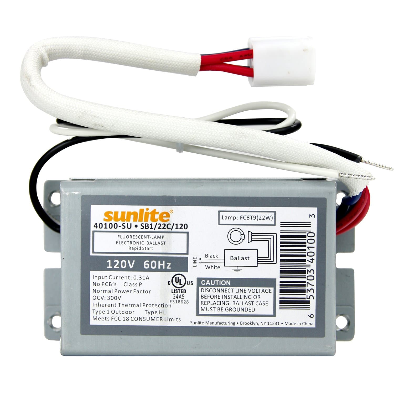 Sunlite SB122C120 Electronic Ballast, Rapid Start, 120V 60Hz, for FC8 Lamps, 0.31A Input, Inherent Thermal Protection, Type HL, No PCB, UL Listed