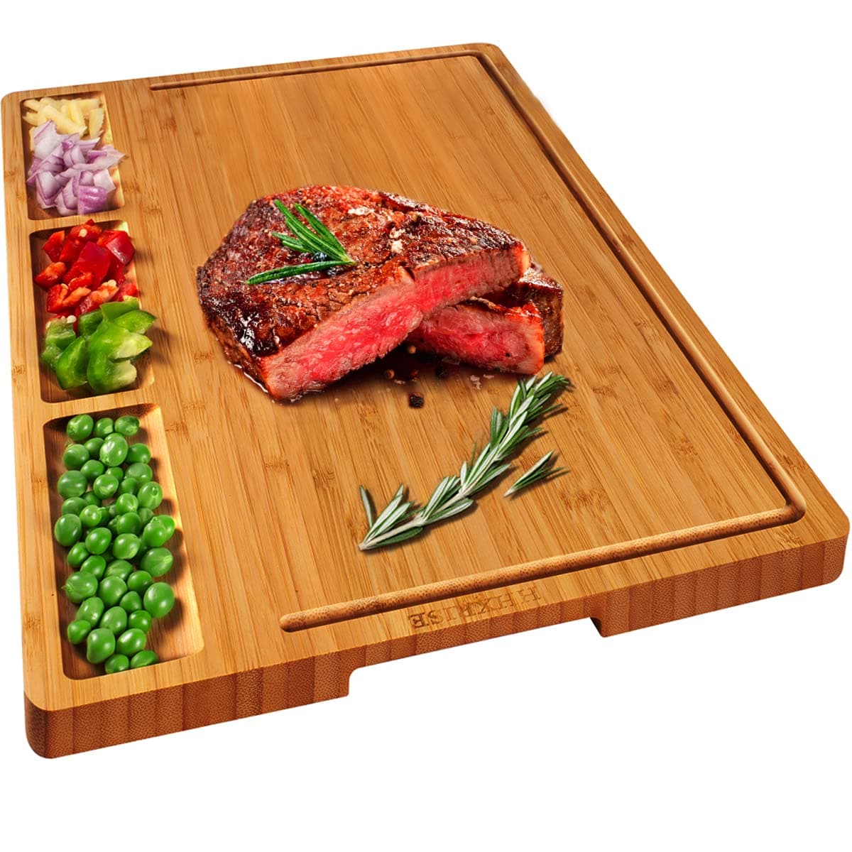 HHXRISE Large Bamboo Cutting Board With 3 Built-In Compartments And Juice Grooves - Kitchen Chopping Board With Tray Handle for Meat (Butcher Block) Cheese and Vegetables (L 17 x 12.6")