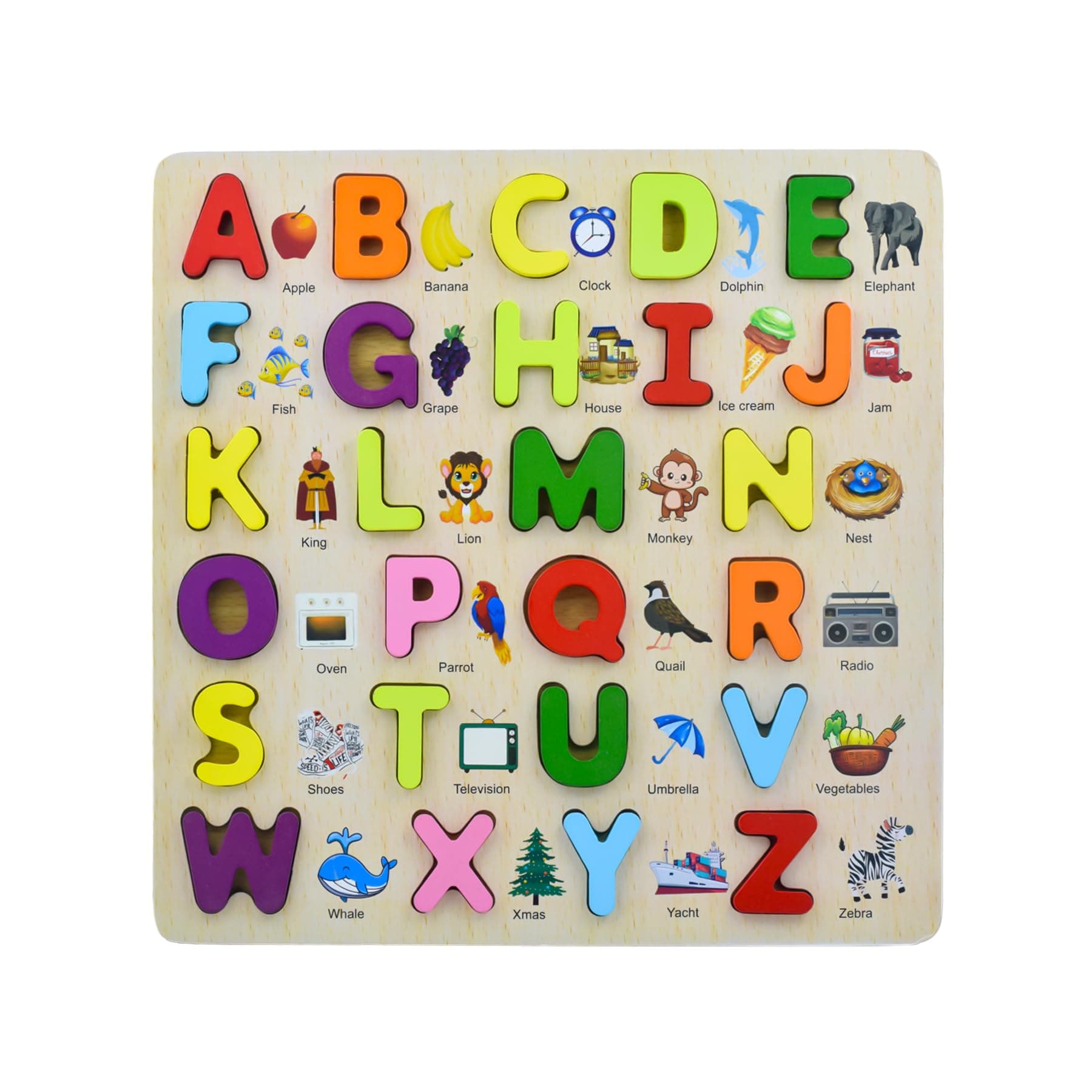 3d wooden capital alphabet puzzles with pictures for children, montessori educational learning letters puzzle board toy- Multi color
