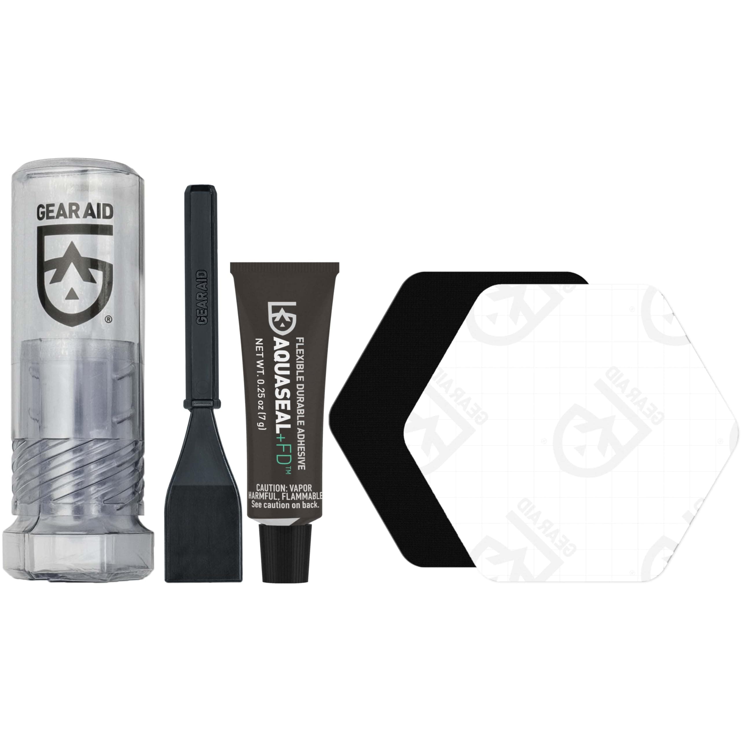 Aquaseal FD Wader and Boot Repair Kit – Waterproof 0.25 oz Adhesive with Two Tenacious Tape Hex Patches (2.5" x 2.8", Black and Clear) for Fixing Holes in Neoprene, Breathable Waders, Boots