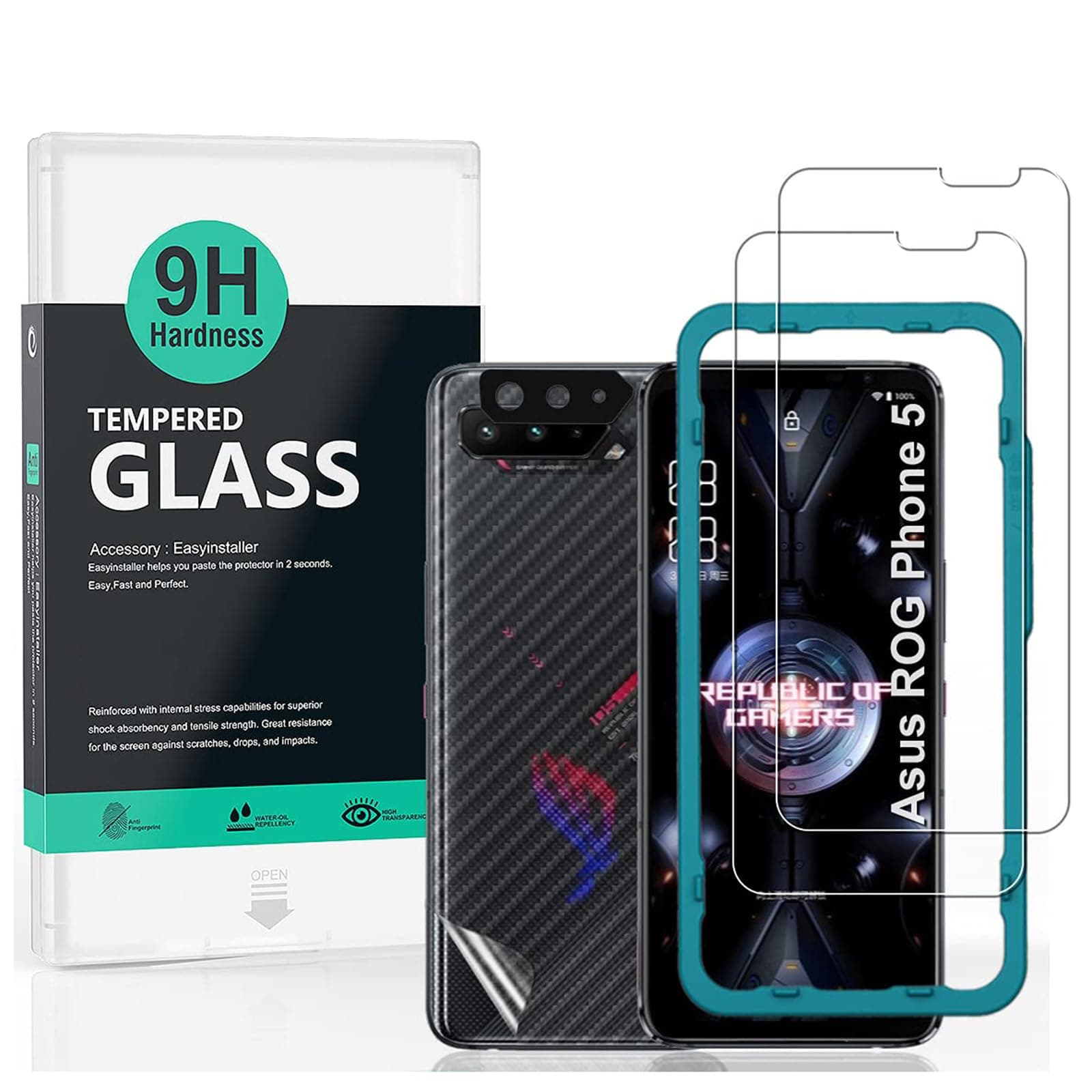 Screen Protector (2 Pack) For Asus Rog phone 5/5 Pro/5 Ultimate,9H Hardness Tempered Glass,With 1Pc Metal Camera Lens Protector,1Pc Back Protector,Easy to Install