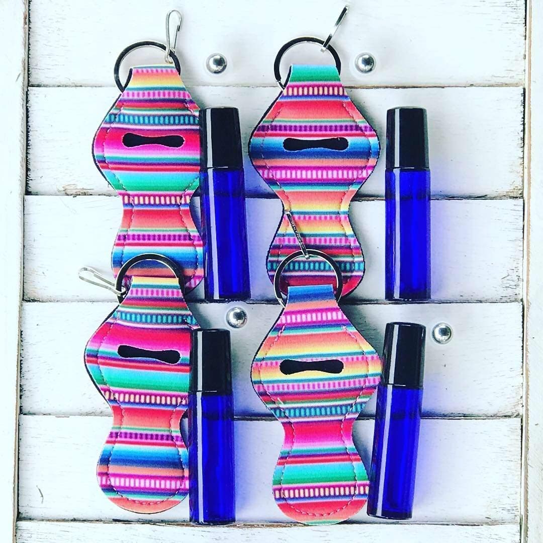 SET OF 4 COBALT BLUE TINTED COLORED 10ML GLASS ROLLER BOTTLES STAINLESS STEEL ROLL-ON BALLS MATCHING COLORFUL STRIPED PATTERN NEOPRENE CARRYING KEYCHAIN CASES CLIP-ON KEY RING