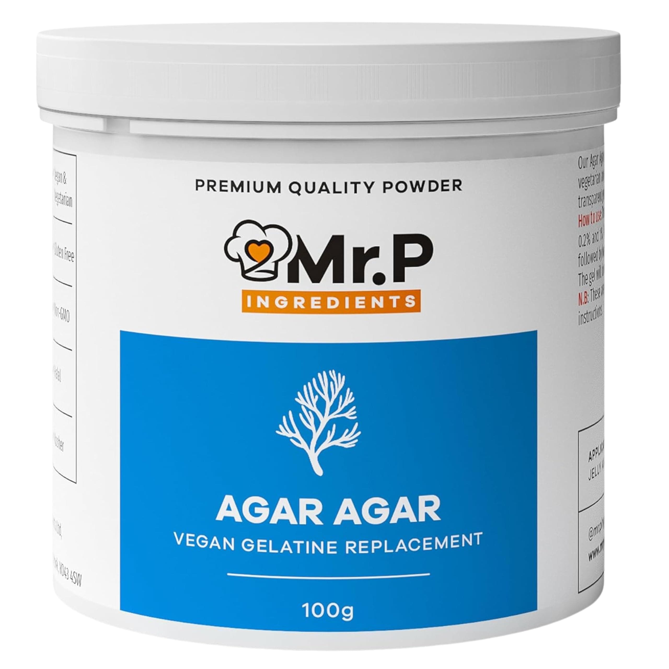 Mr.P Ingredients Agar Agar 100g Powder Vegan Gelatine Replacement Ideal for Jelly Mousse Molecular Gastronomy Gelling Agent Vegan Vegetarian Halal Kosher Non-GMO (Recyclable Pot)