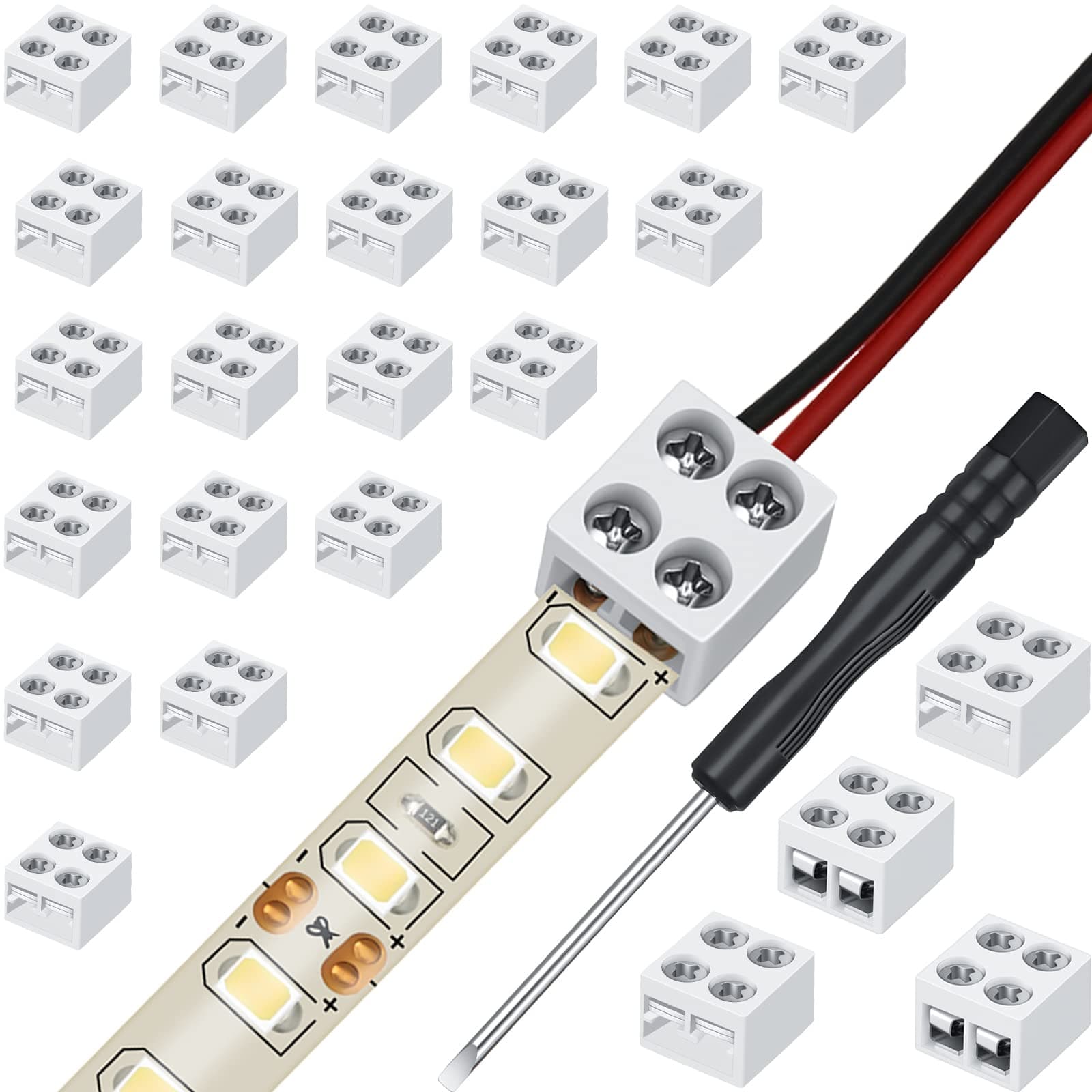 25 Pack Solderless LED Tape Light Connector 2 Pin Terminal Block Screw Down LED Strip 8mm Tape to Wire for 5V 12V 24V Single Color LED Strip Lights, White, with Screwdriver