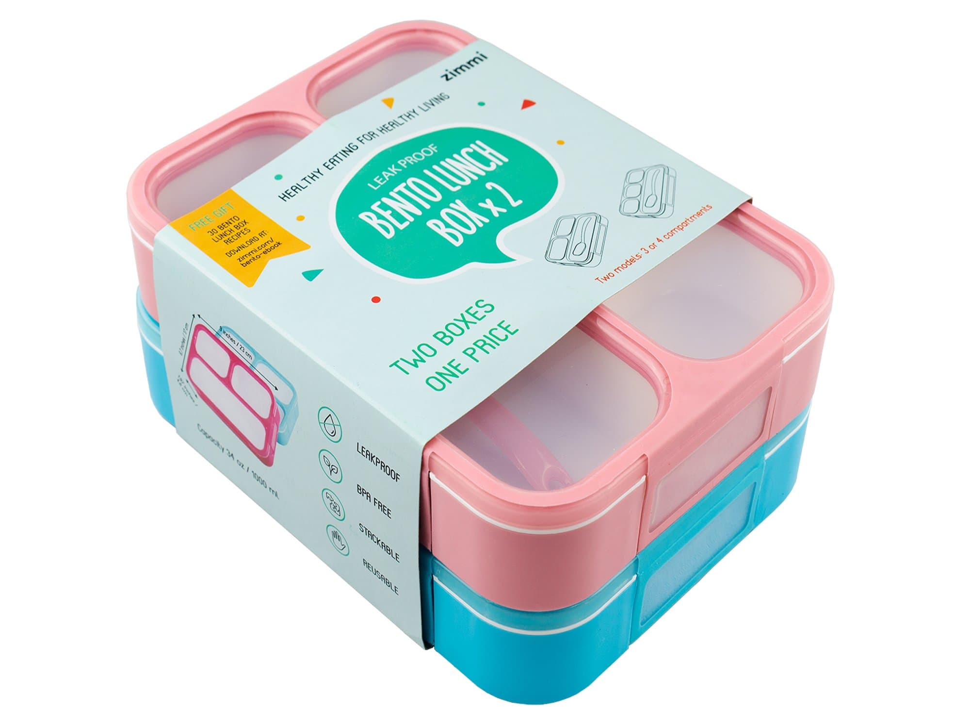 Lunch Box Set of 2 Leakproof Lunch Containers, Pink Blue, 3-4 Insulated Compartments, Lightweight Bento Lunch Boxes for Kids Adults Athletes, Fit for Meal Prep, Snacks, Portion Control | by Zimmi