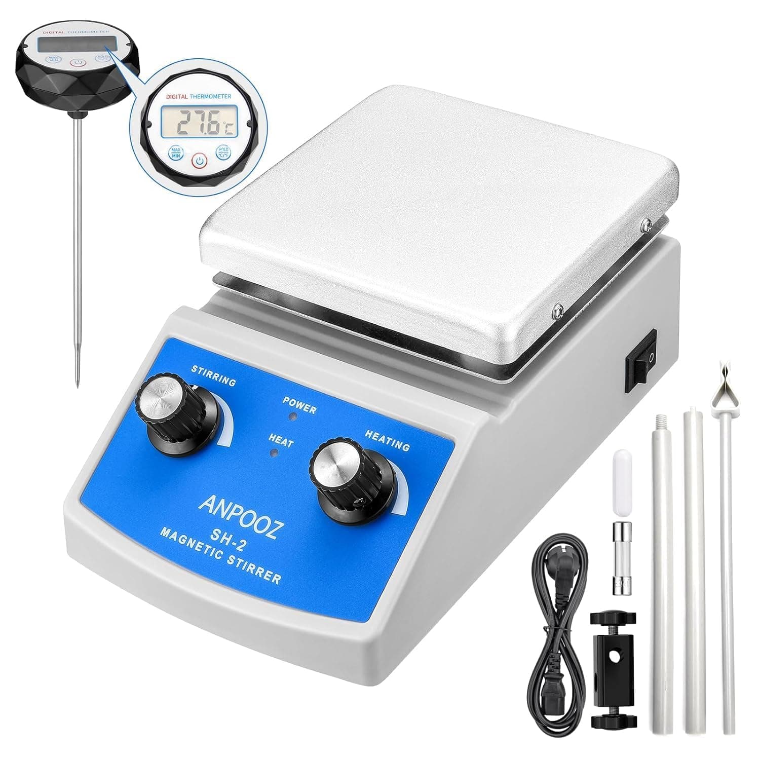 Hot Plate with Magnetic Stirrer with Stirring Bar, Max 600°F Magnetic Hot Plate Stirrer with Thermometer, 2L Max Capacity Hot Plate Stirrer with Stand