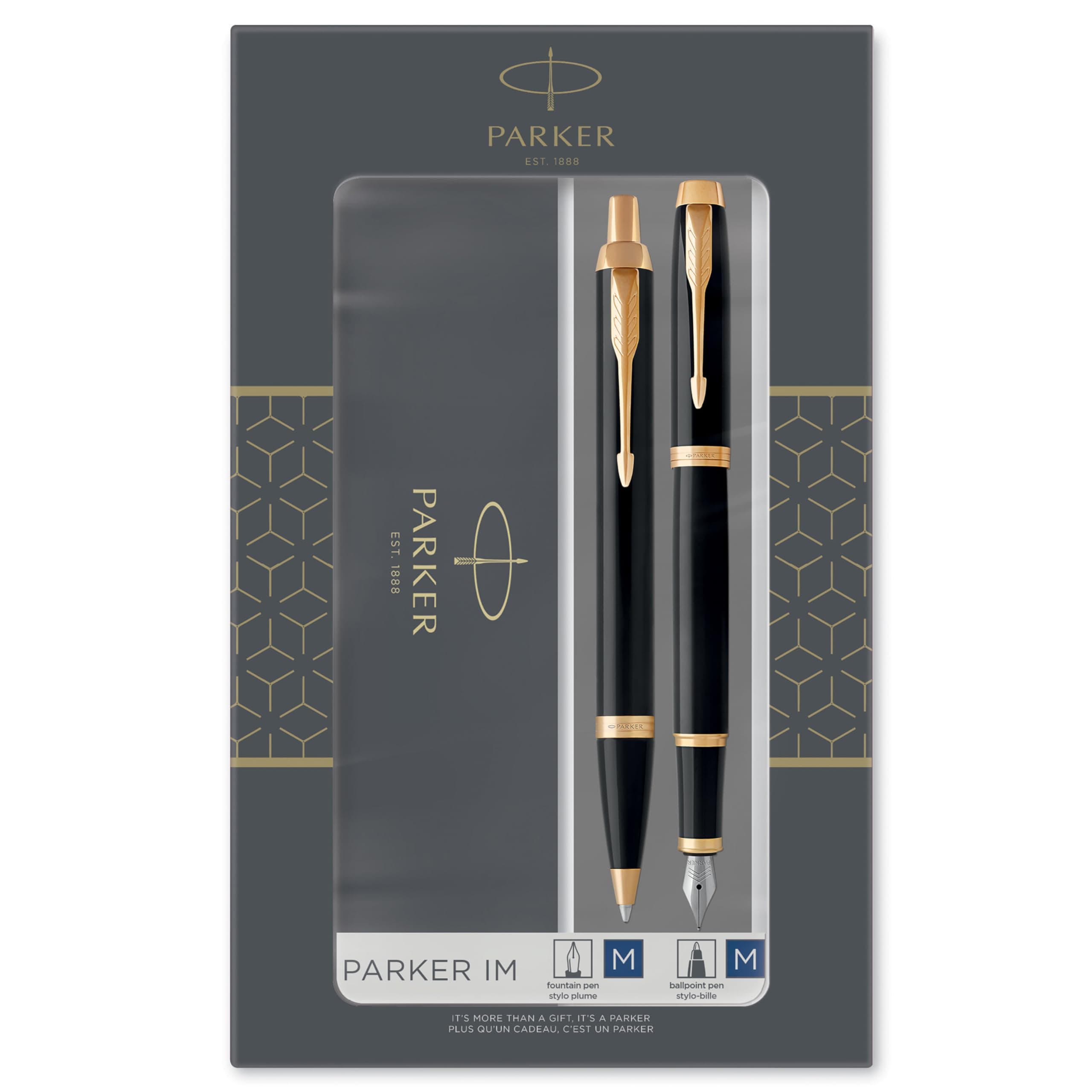 IM Duo Gift Set with Ballpoint Pen & Fountain Pen | Gloss Black with Gold Trim | Blue Ink Refill & Cartridge | Gift Box