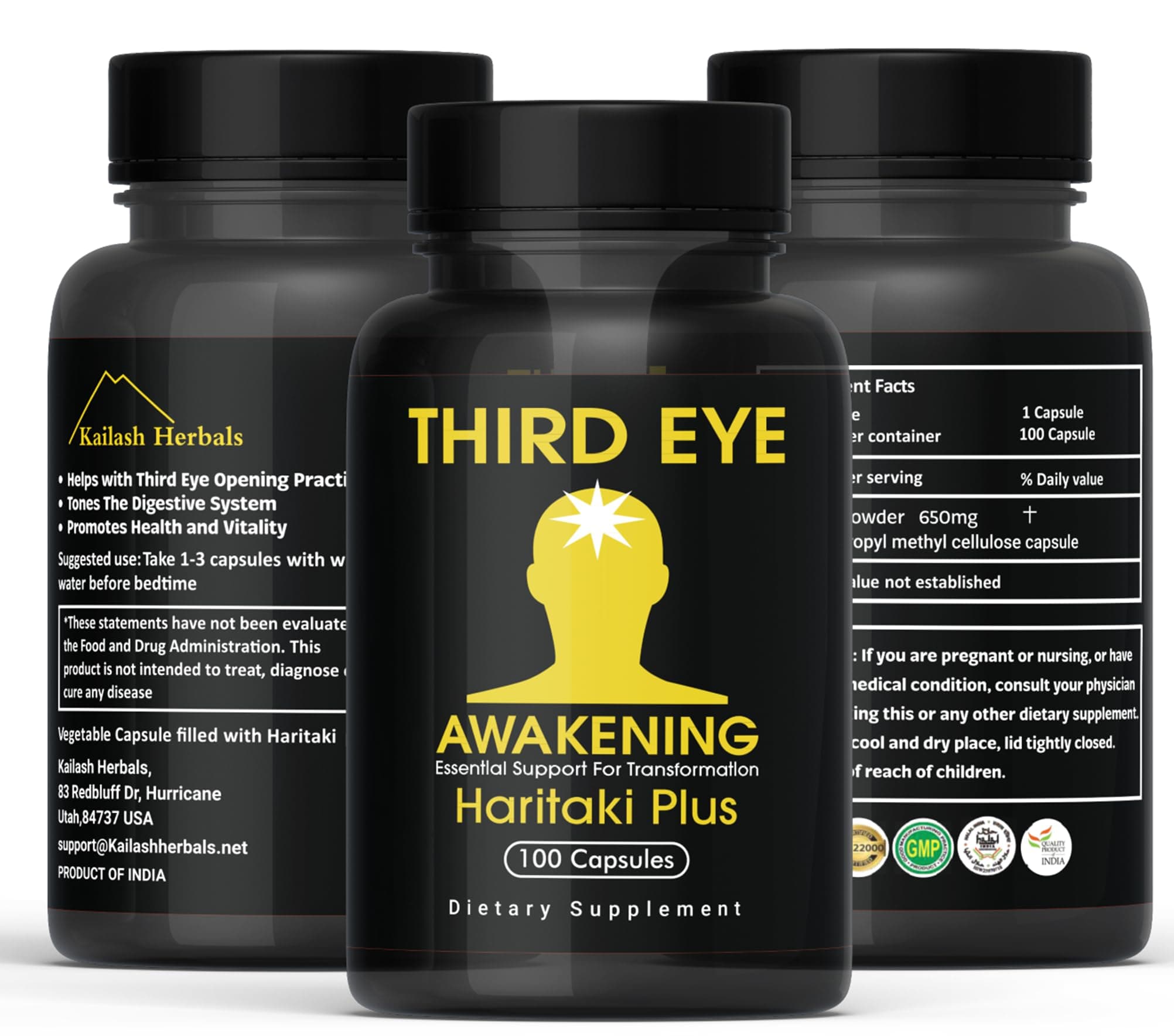 Third Eye Awakening - Organic Haritaki Capsules- Kailash Herbals-100 capsules- 650 mg each-Terminalia chebula