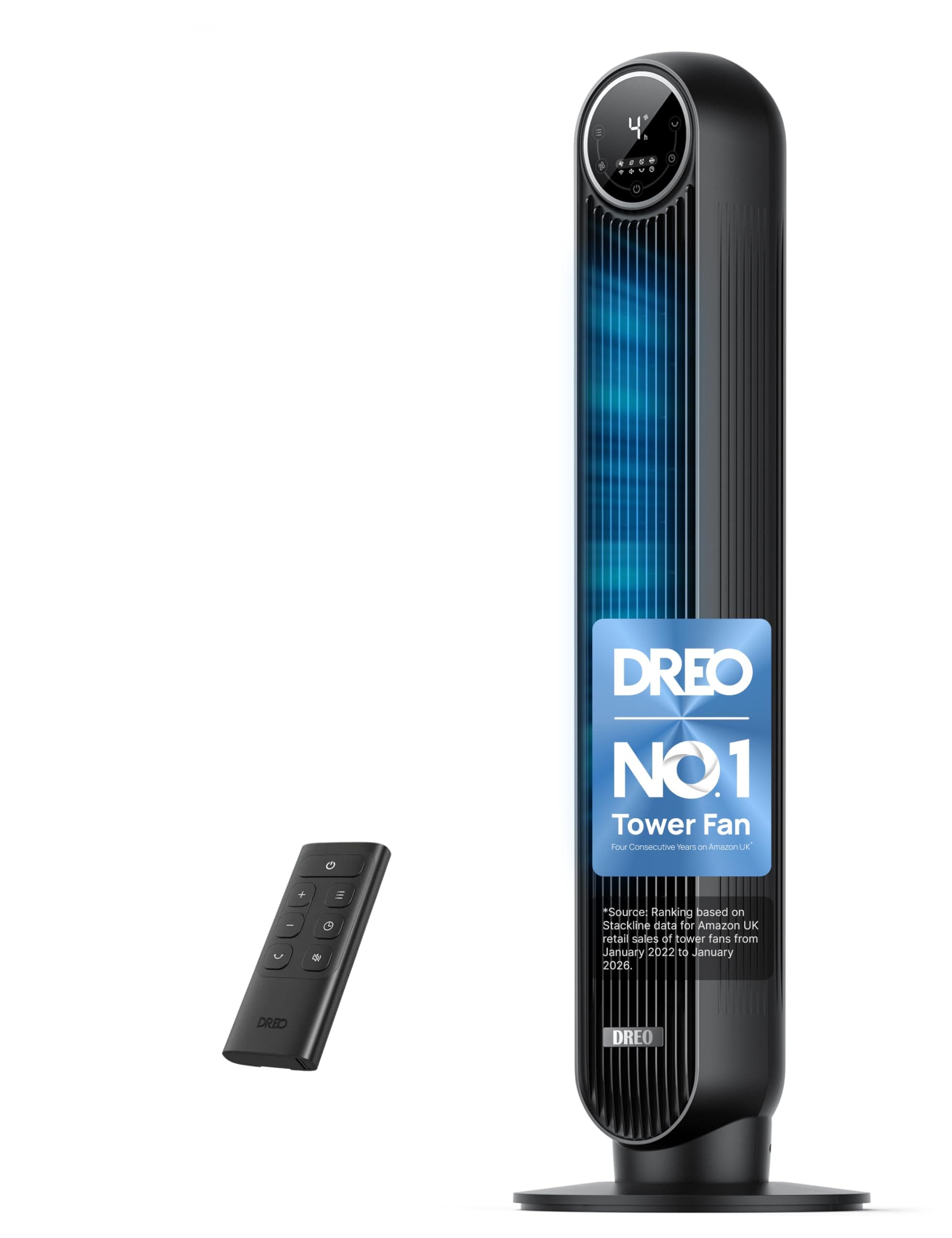 DREO 20dB Silent Tower Fan, 28 ft/s Velocity Electric Cooling Fan with Remote, 90° Oscillating 8 Speeds 4 Modes 8H Timer LED Display, DC Motor Quiet Standing Bladeless Floor Fans for Bedroom, Black