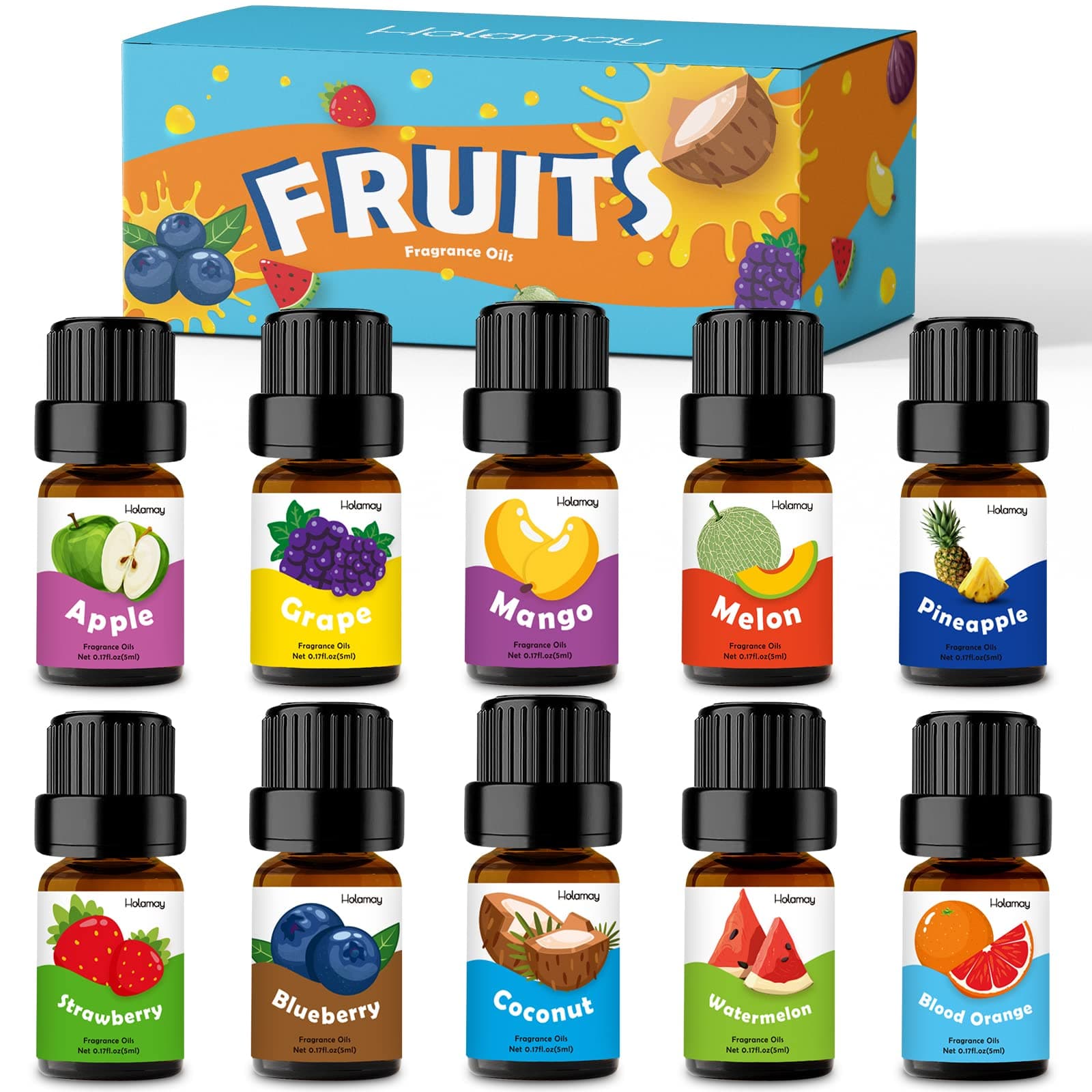 Holamay Fruity Fragrance Oil for Candle & Soap Making, Premium Fruit Essential Oils 5ml x 10 - Coconut, Strawberry, Mango, Pineapple and More Scented Oils, Summer Aromatherapy Diffuser Oils Set