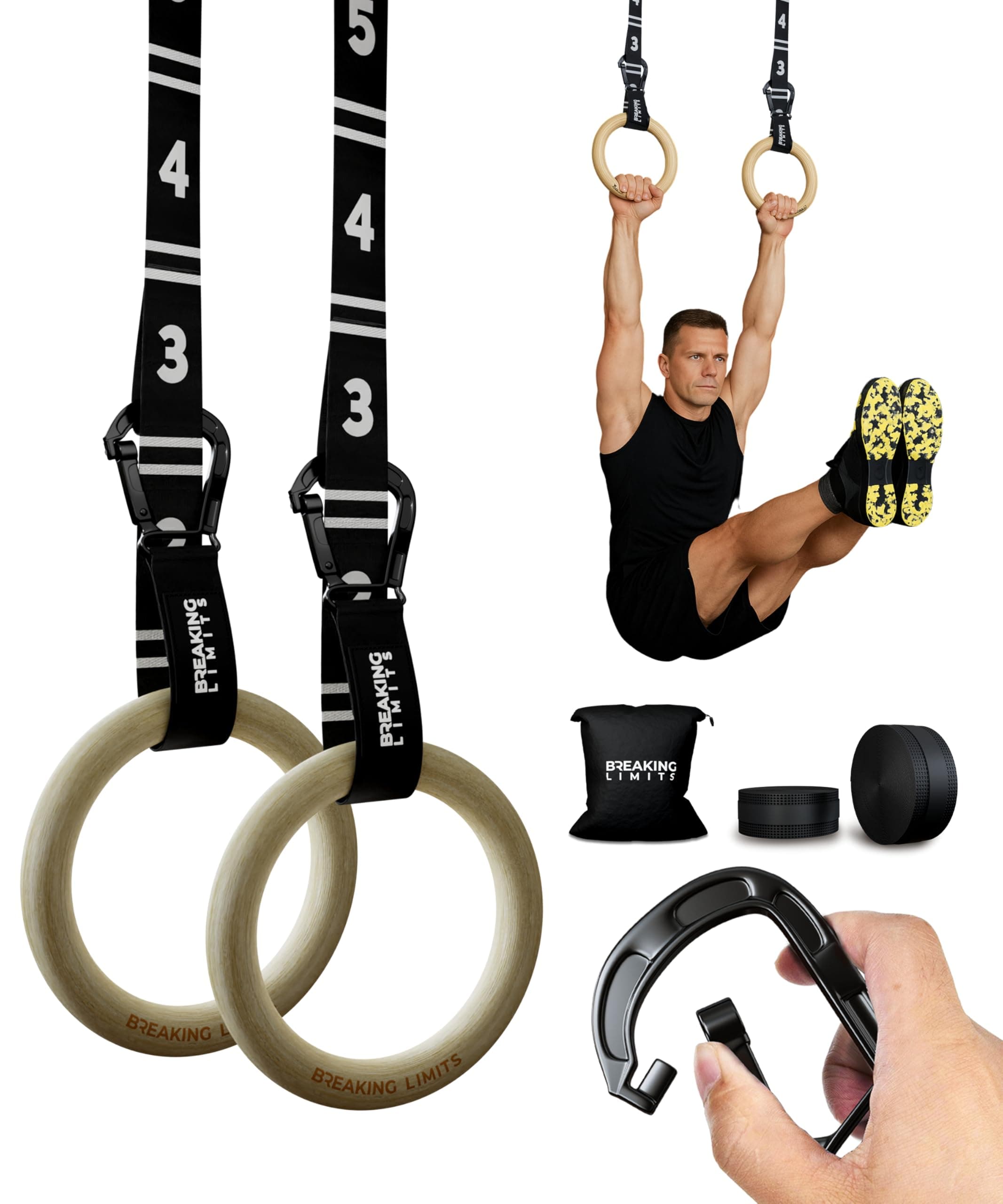 Gymnastics Rings - Adjustable Straps with Quick Release & Carabiner - Textured & Non-Slip Birch Wood Gym Rings - As Calisthenics Rings, Crossfit & Fitness Rings etc.