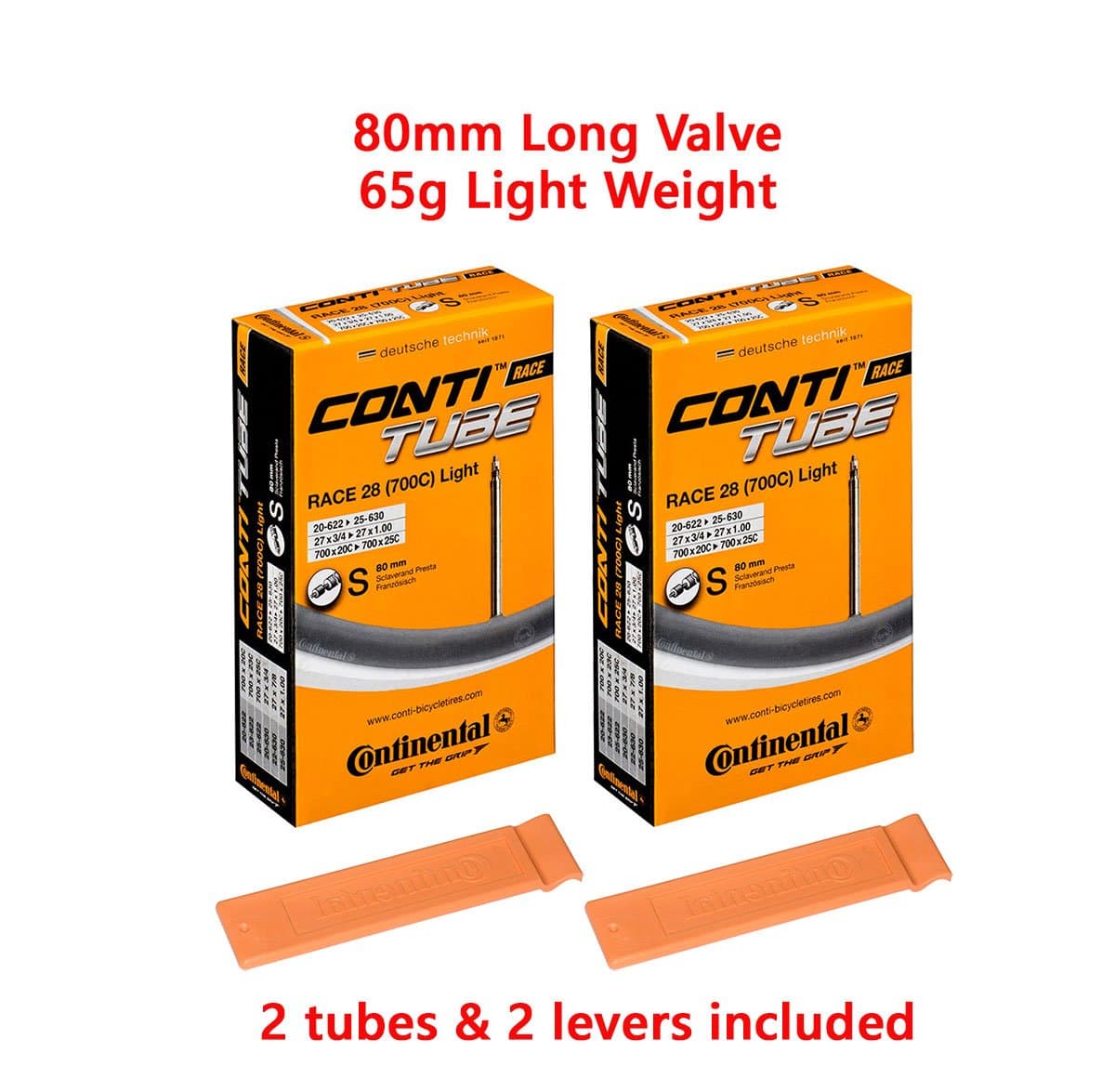 Continental Tubes Race 28 S80 Light (700 x 20-25C) 80mm Presta Valve (Pack of 2 Tubes) 65g ONLY!
