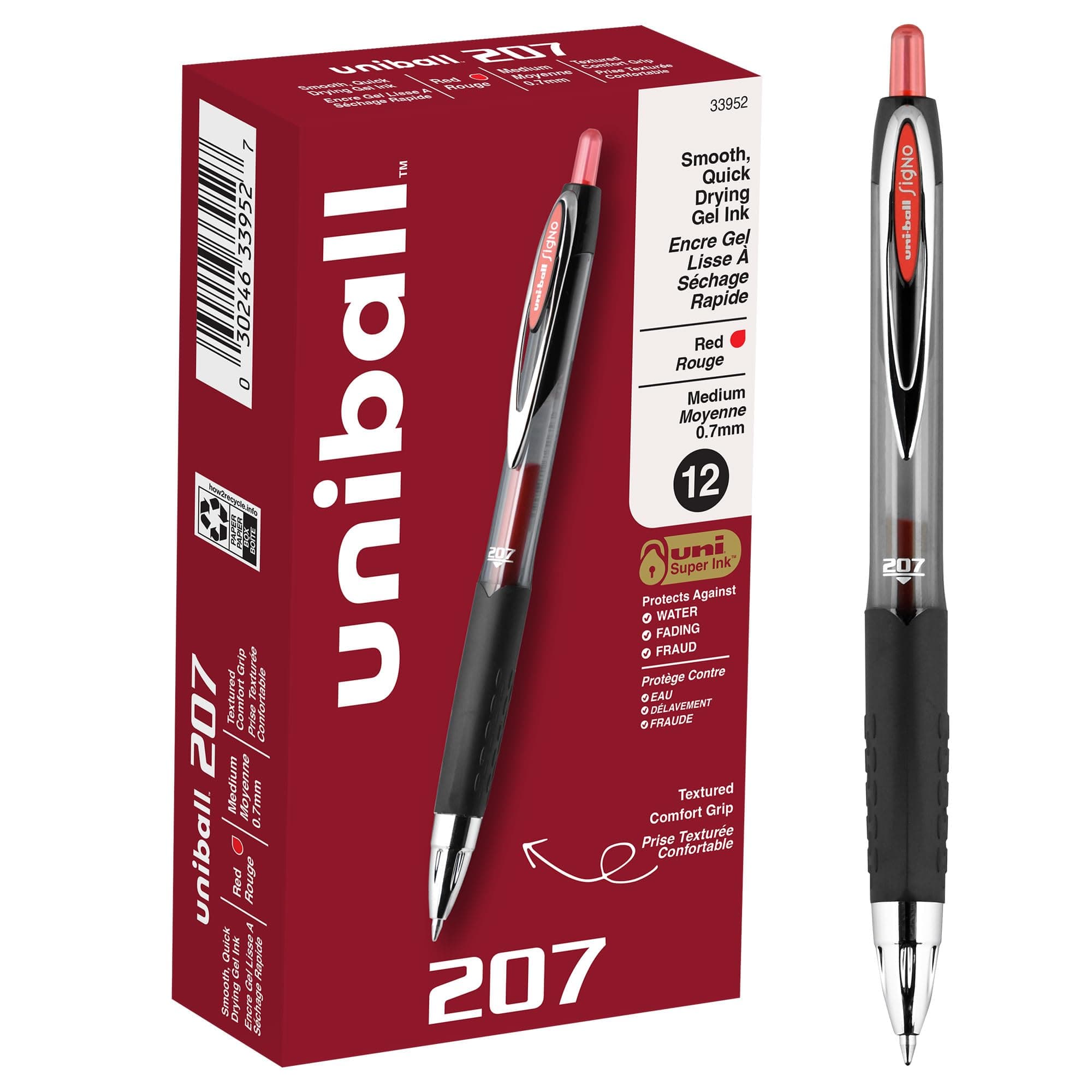 uni-ball® 207™ Retractable Fraud Prevention Gel Pens, Medium Point, 0.7 mm, Black Barrels, Red Ink, Pack Of 12