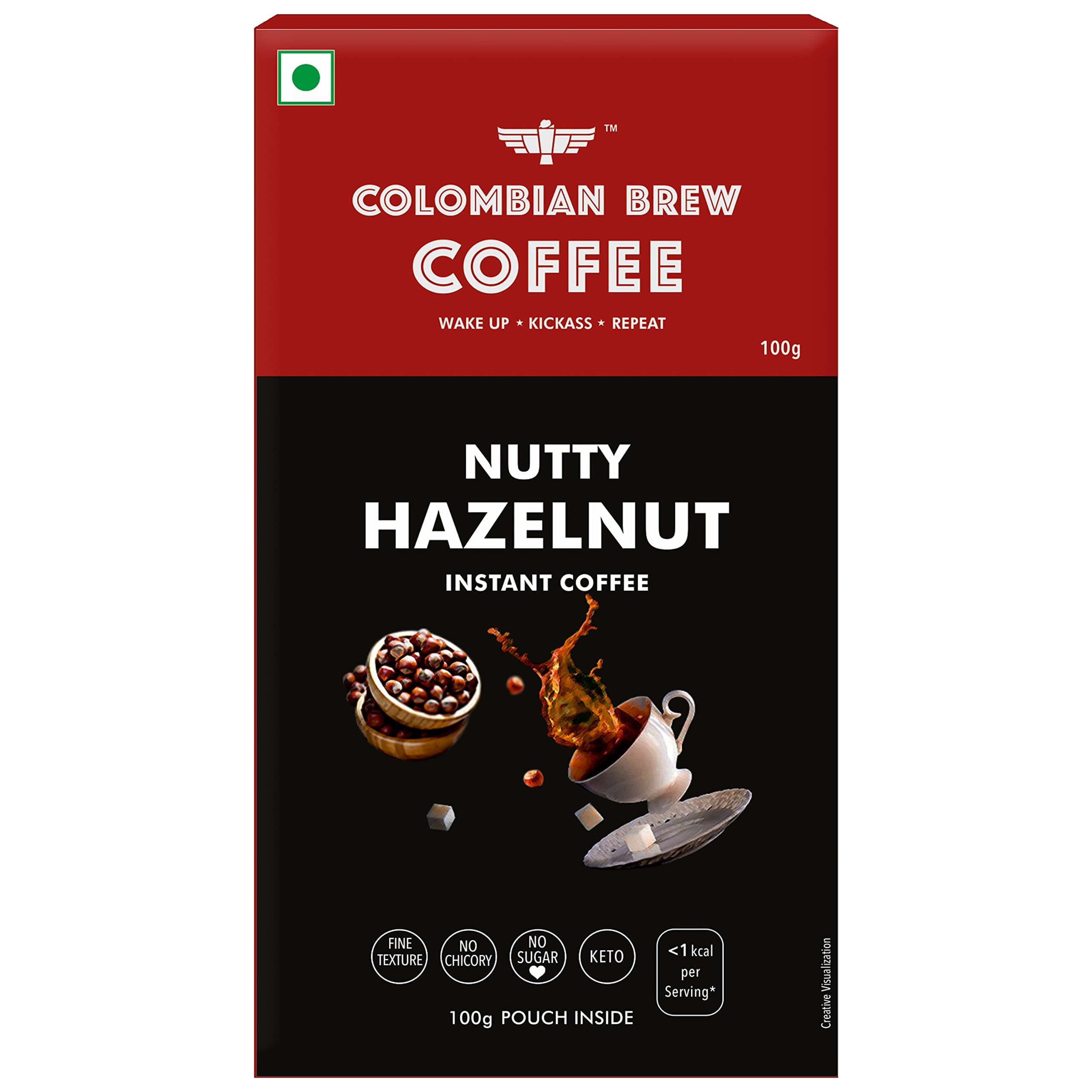 COLOMBIAN BREW COFFEE Hazelnut Instant Coffee Powder, No Sugar Vegan, 100 G Box