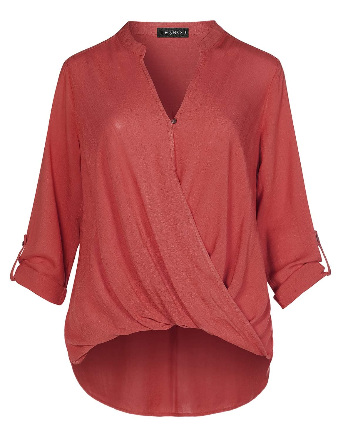 LE3NO Womens Casual Relaxed Fit Twist Front Blouse Shirt Top with Roll Up Sleeves