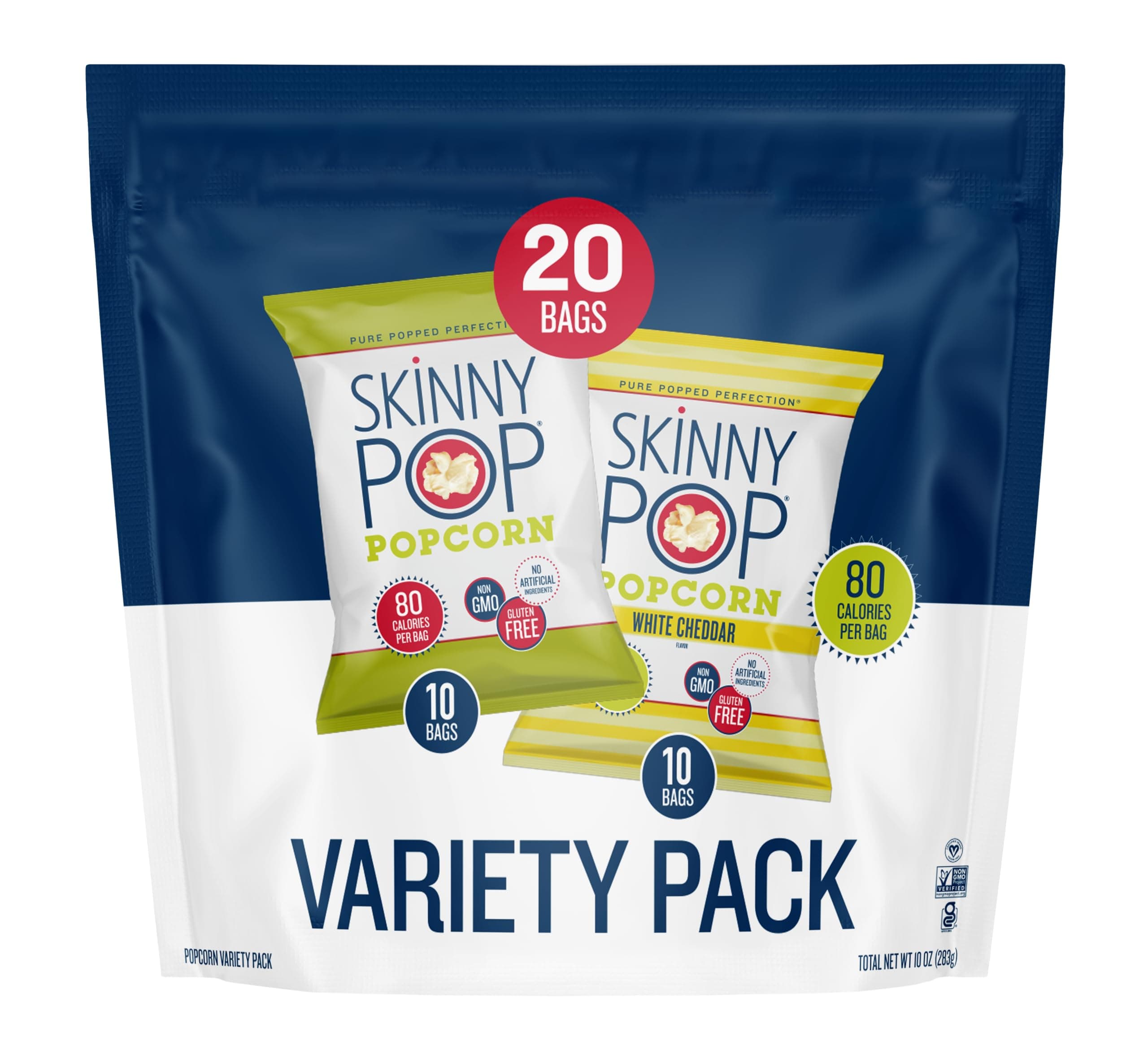 SkinnyPop Variety Pack Original and White Cheddar Popcorn, Gluten Free, Vegan Popcorn, Non-GMO, Healthy Popcorn Snacks, Skinny Pop, 0.5oz Individually Sized Bag (20 Count)