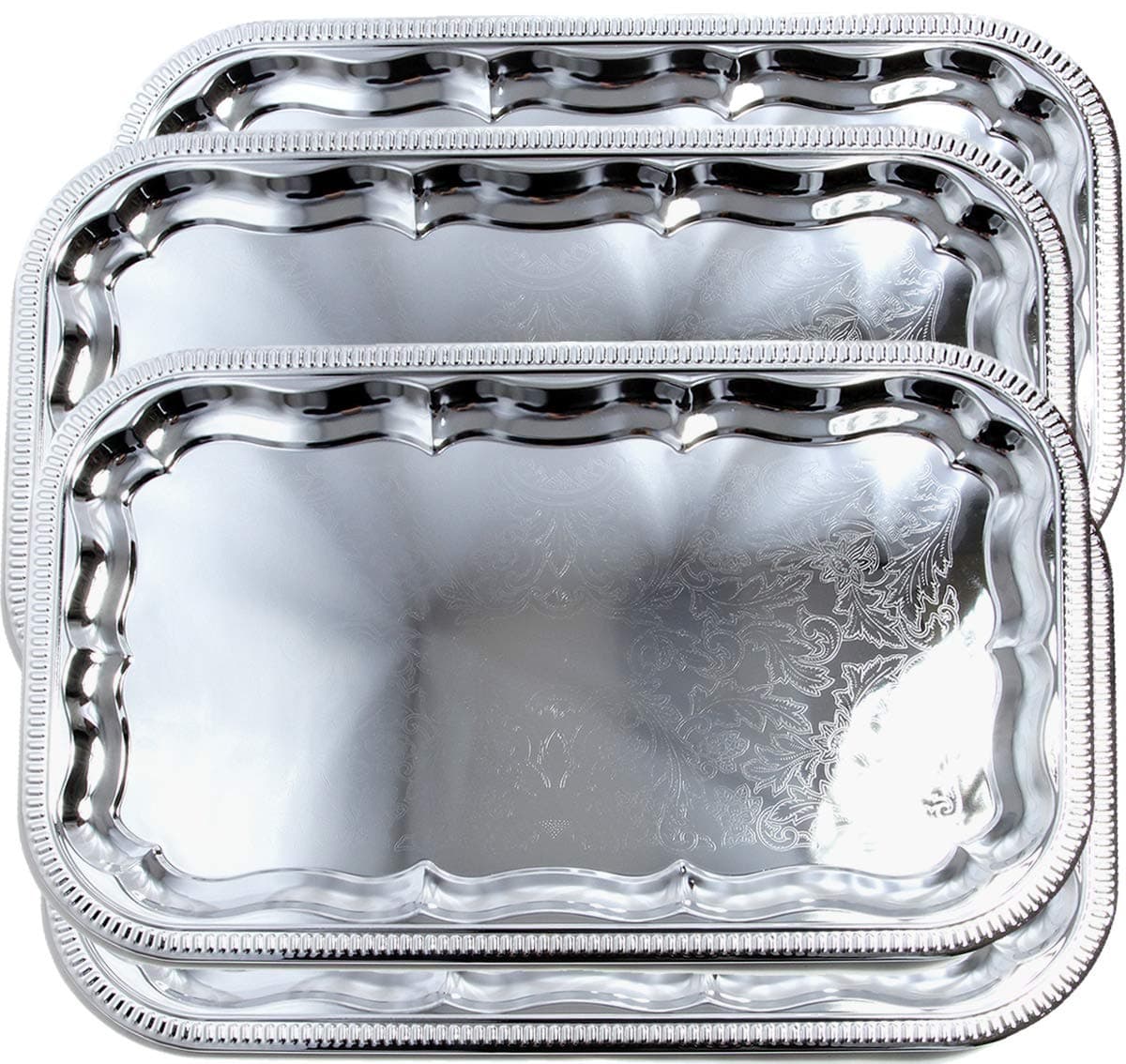 (Pack of 4) 20.9" x 12.8" Traditional Rectangular Trim Floral Pattern Engraved Catering Chrome Plated Serving Plate Mirror Tray Platter Tableware Holiday Party Serving (Large) T227L-4PK