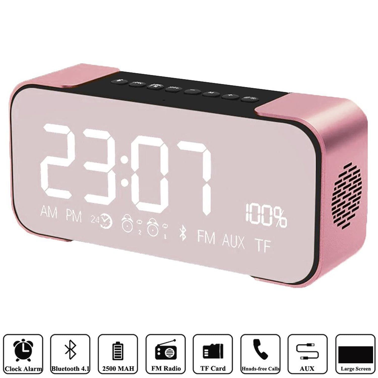 Euhubb Bluetooth Speakers, Hi-Fi Portable Wireless Stereo Speaker with Alarm Clock,Build-in Mic,FM Radio,LED Light,Hands-free,Two Subwoofer Enhanced Bass Surround Sound for iPhone Samsung Mac Computer (Rose Gold)