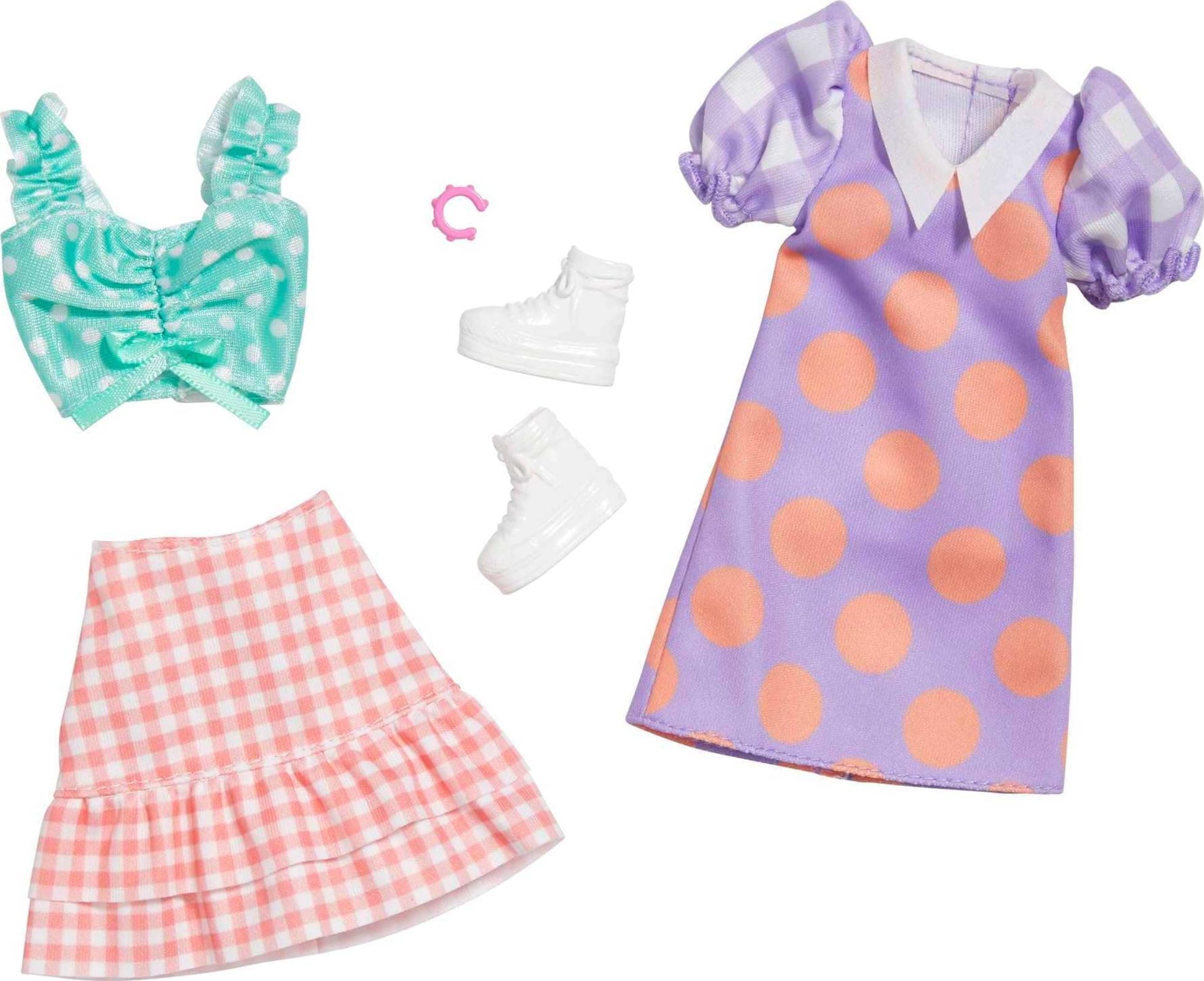 Fashions 2-Pack Clothing Set, 2 Outfits Doll Include Polka Dot Blouse & Gingham Skirt, Polka Dot Dress & 2 Accessories