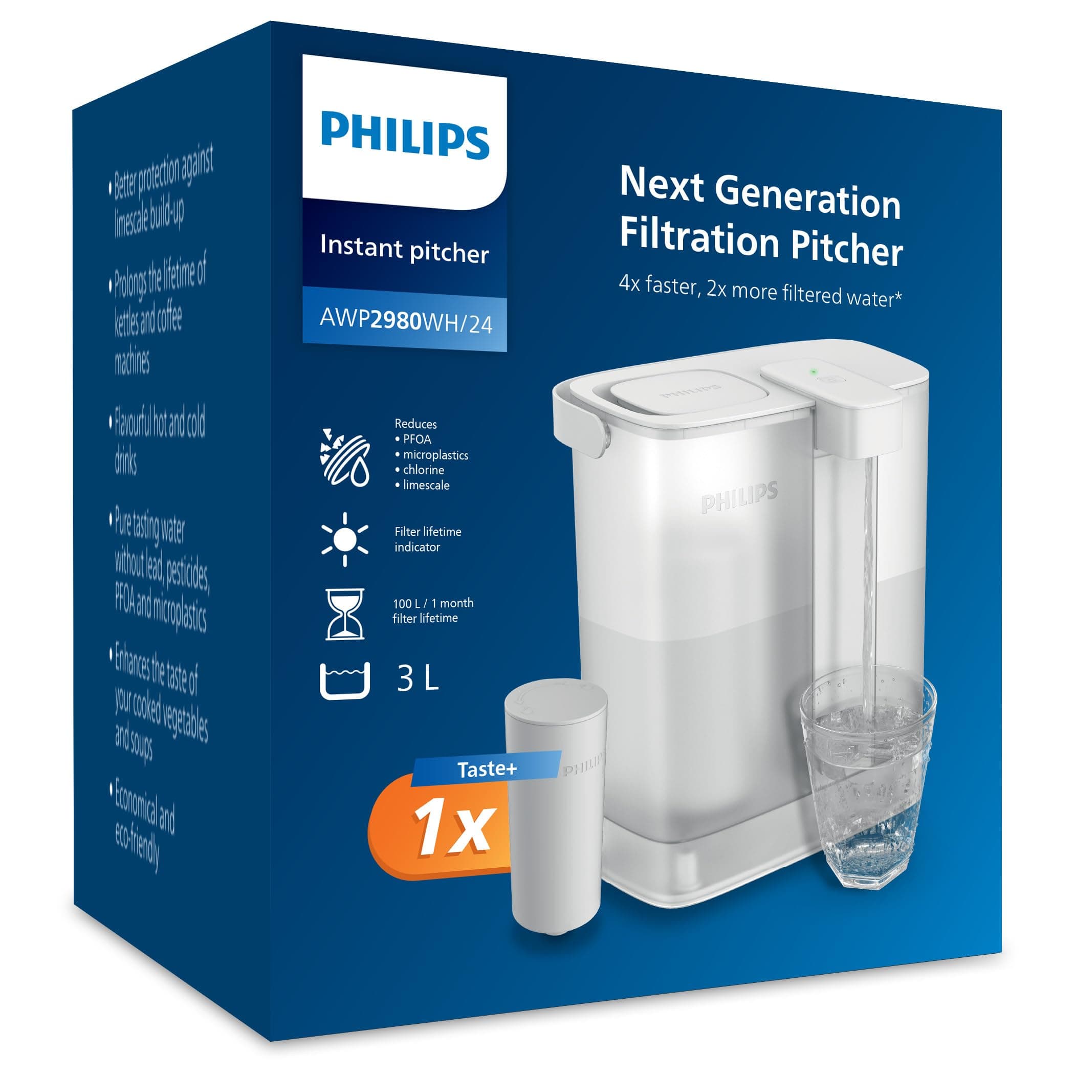Philips Instant Water Filter Pitcher (3L) – Clean & Great-Tasting Water in Seconds – – 1x Taste + Filter, reduces chlorine&lead, preserves minerals