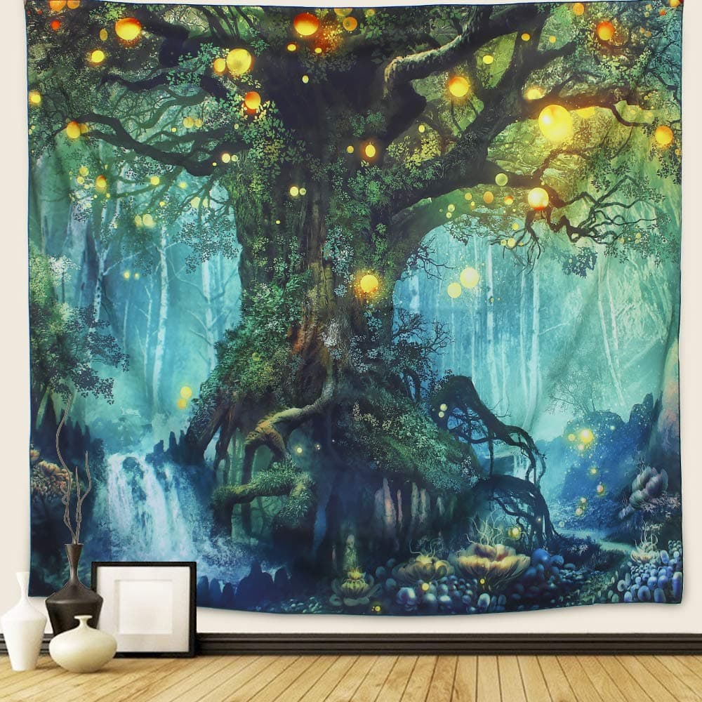 ARFBEAR Forest Tapestry, Nature tree Popular elves Wall Hanging Tapestry Warm green Beach Blanket (medium-59 x 51 in)