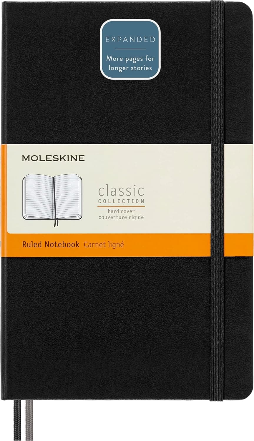 Classic Expanded Ruled Paper Notebook - Hard Cover and Elastic Closure Journal - Color Black - Size Large 13 x 21 A5 - 400 Pages