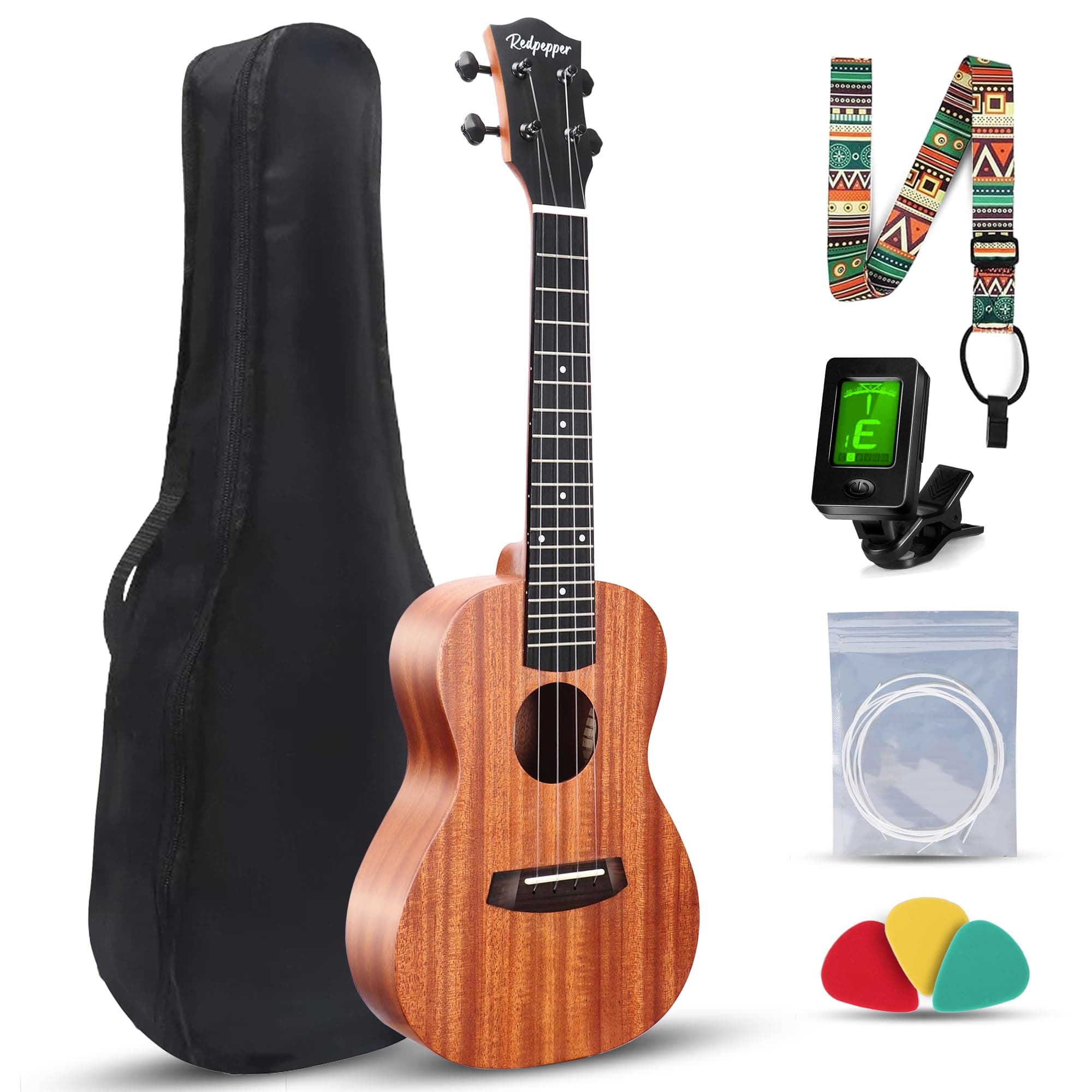 Redpepper Concert Ukulele 23 Inch Solid Mahogany for Adult Beginner - All-in-One Ukelele Starter Kit w/Tuner, Bag, Strap, Picks, Strings - Durable & Rich Sound, Music Gift Choice