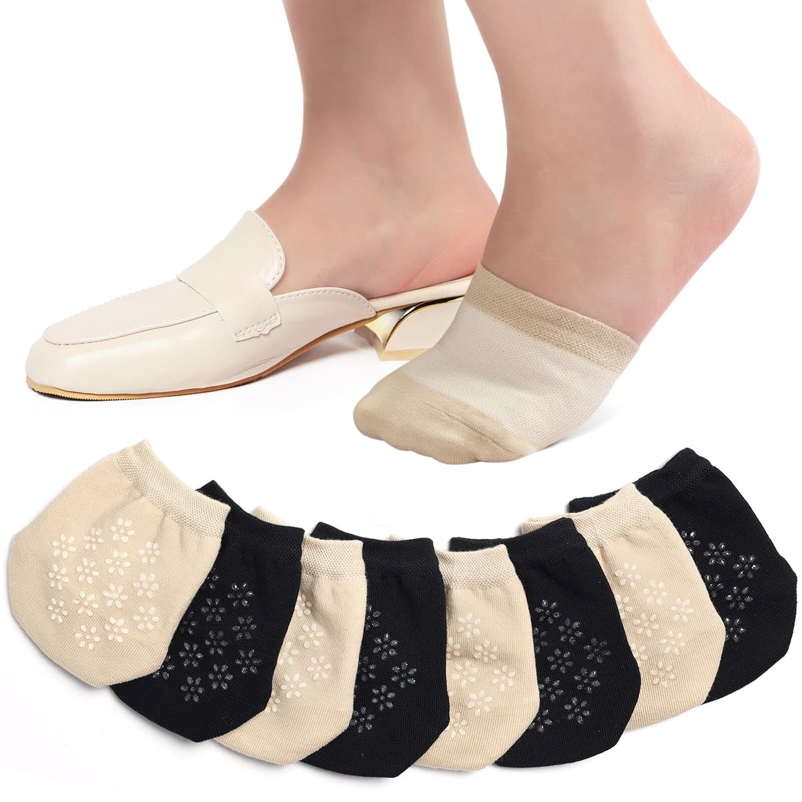 Toe Toppers No Show Liner Half Socks for Women Seamless Grip Non Slip Hidden Toe Covers for Mules 4/8 Pairs