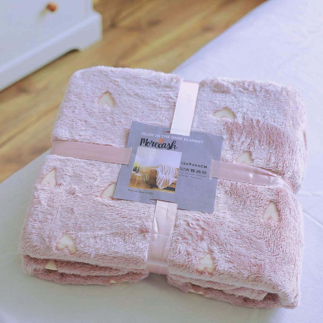 Morecash Glow in The Dark Throw Blanket,Soft Pink Love Pattern Flannel Fabric,All Seasons Luminous Blankets，The Gifts for Kids and Adults，80”x60”