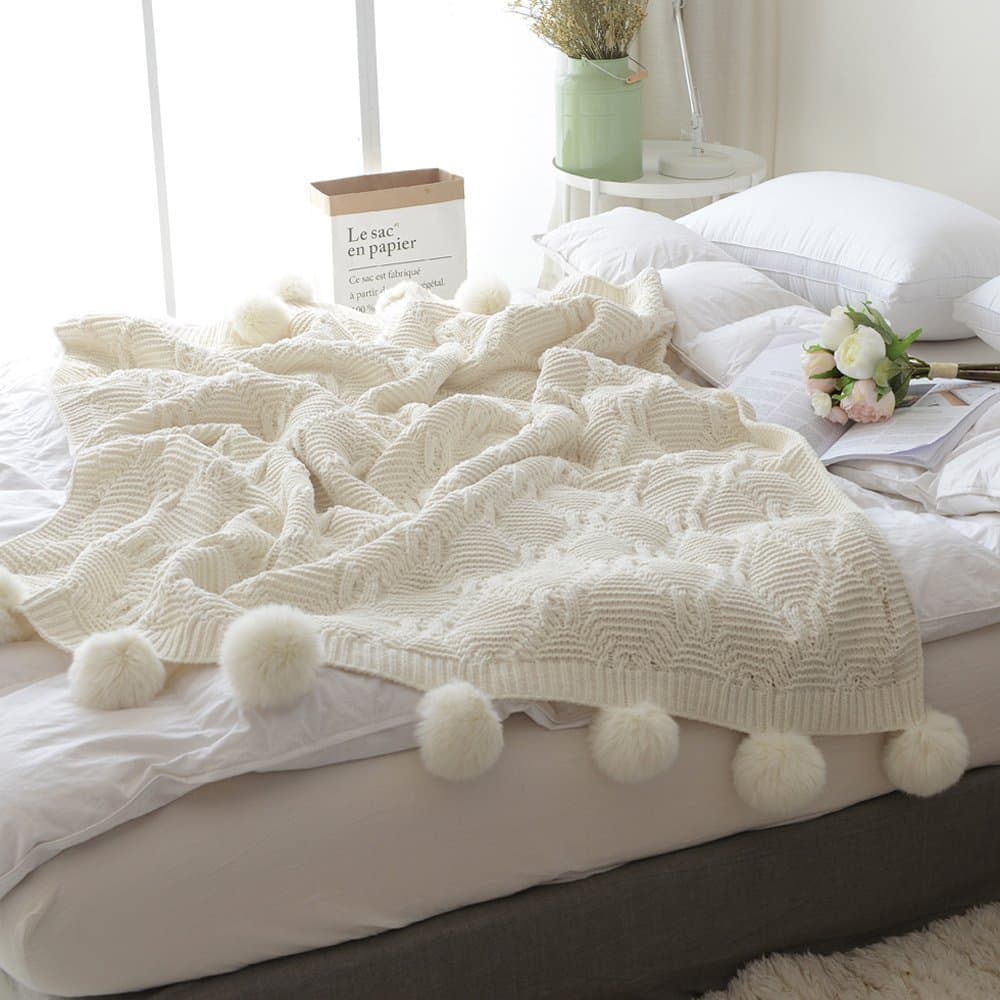 Tenghe Solid Ultra Soft Cable Knit White Blankets Chenille Pompoms Fringe Throws Warm Decor Bedding Covers for Couch(51"X 63",Style A)