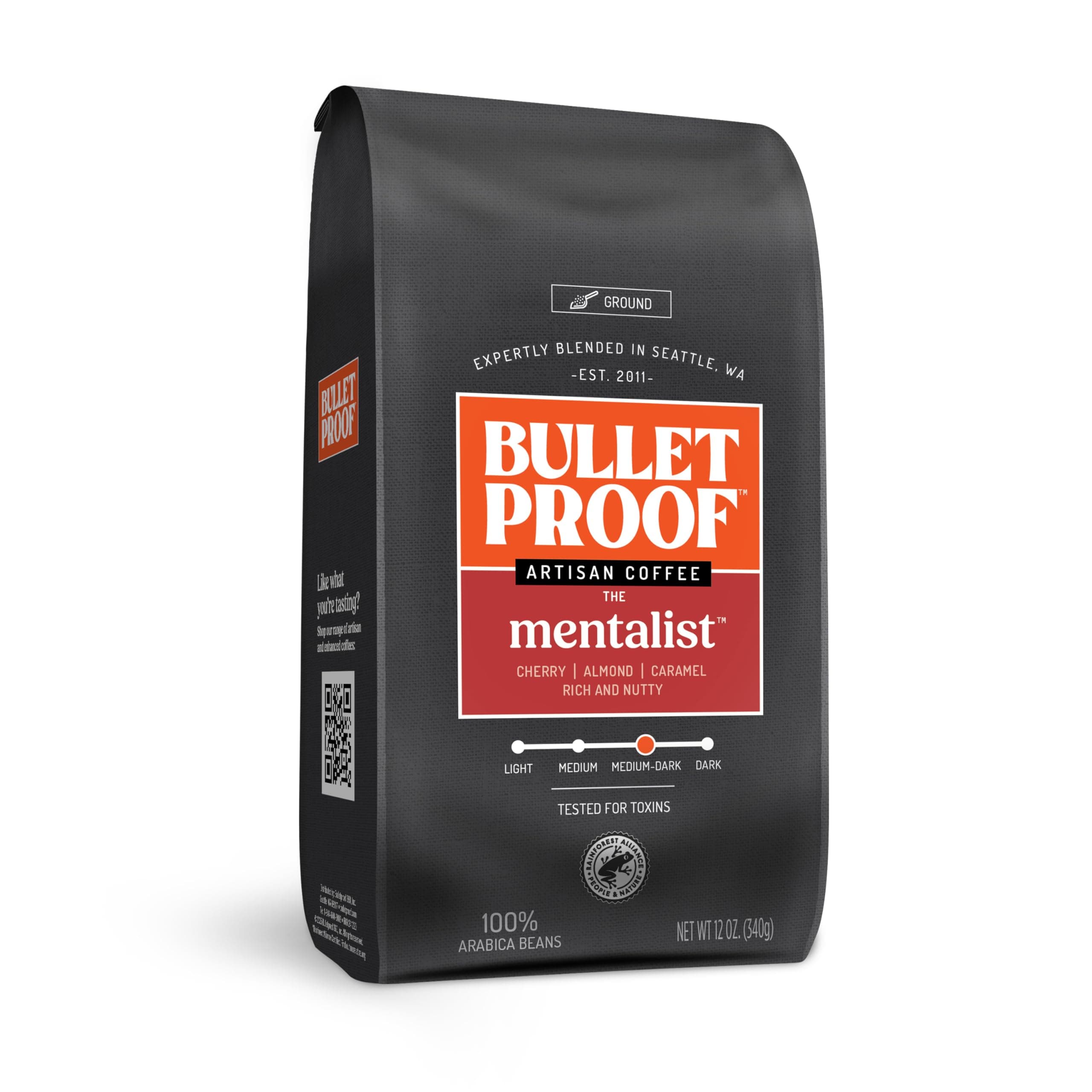 Bulletproof The Mentalist Medium Dark Roast Ground Coffee, 12 oz, 100% Arabica Coffee, Sourced from Guatemala, Colombia, El Salvador