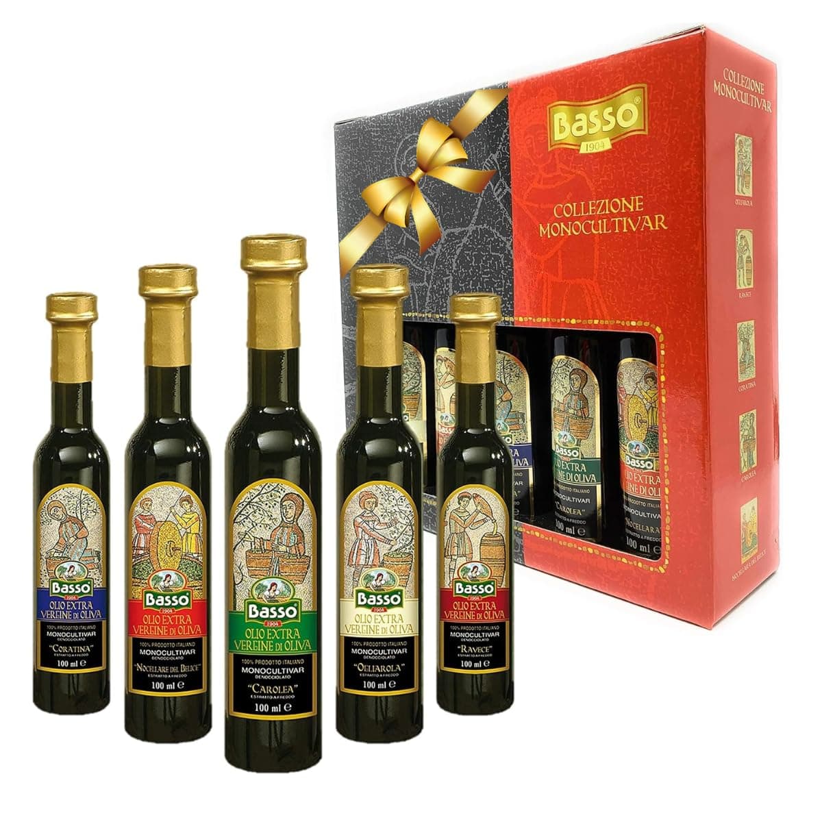 BASSO 1904 - Extra Virgin Olive Oil Gift Set, Experience 5 Olive Oil Varieties, First Cold Pressed, Tasting and Dipping Olive Oil Gift Box, (5 pack x 100 ml)