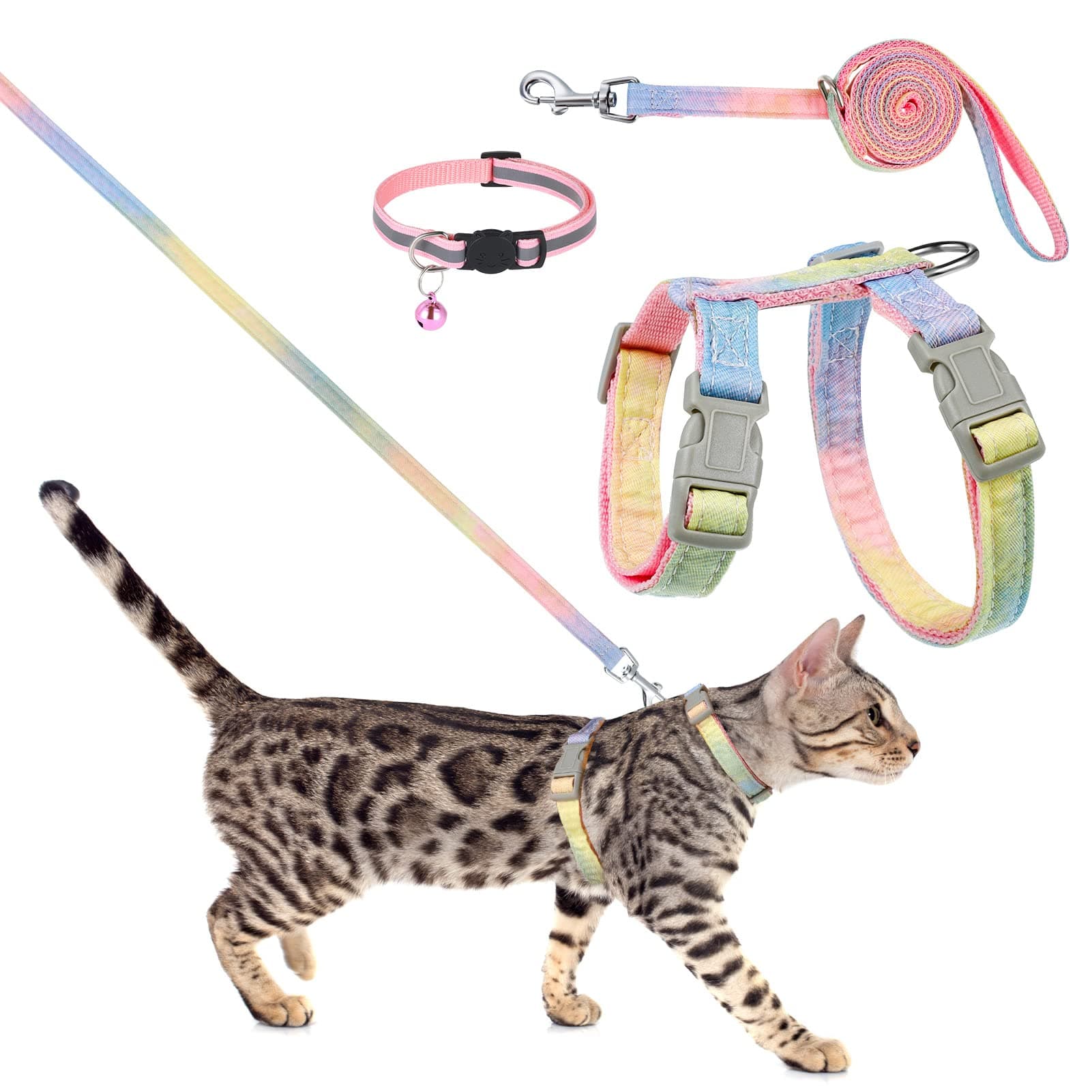 Cat Harness and Lead Set, Escape Proof Cat Harnesses and Leash Soft Adjustable Cat Collars Rainbow Kitten Harness for Outdoor Walking