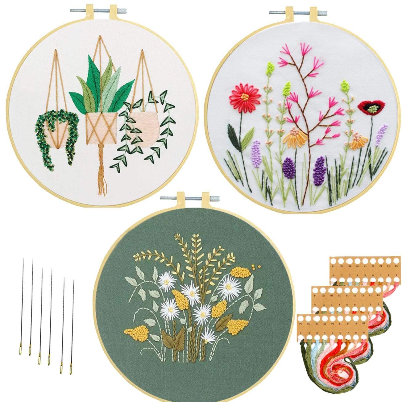 Nuberlic3 Pack Embroidery Kits for Beginners Starters Cross Stitch Kits with Pattern for Adults Kids Craft Stamped Cloth 3 Hoops Threads Needles
