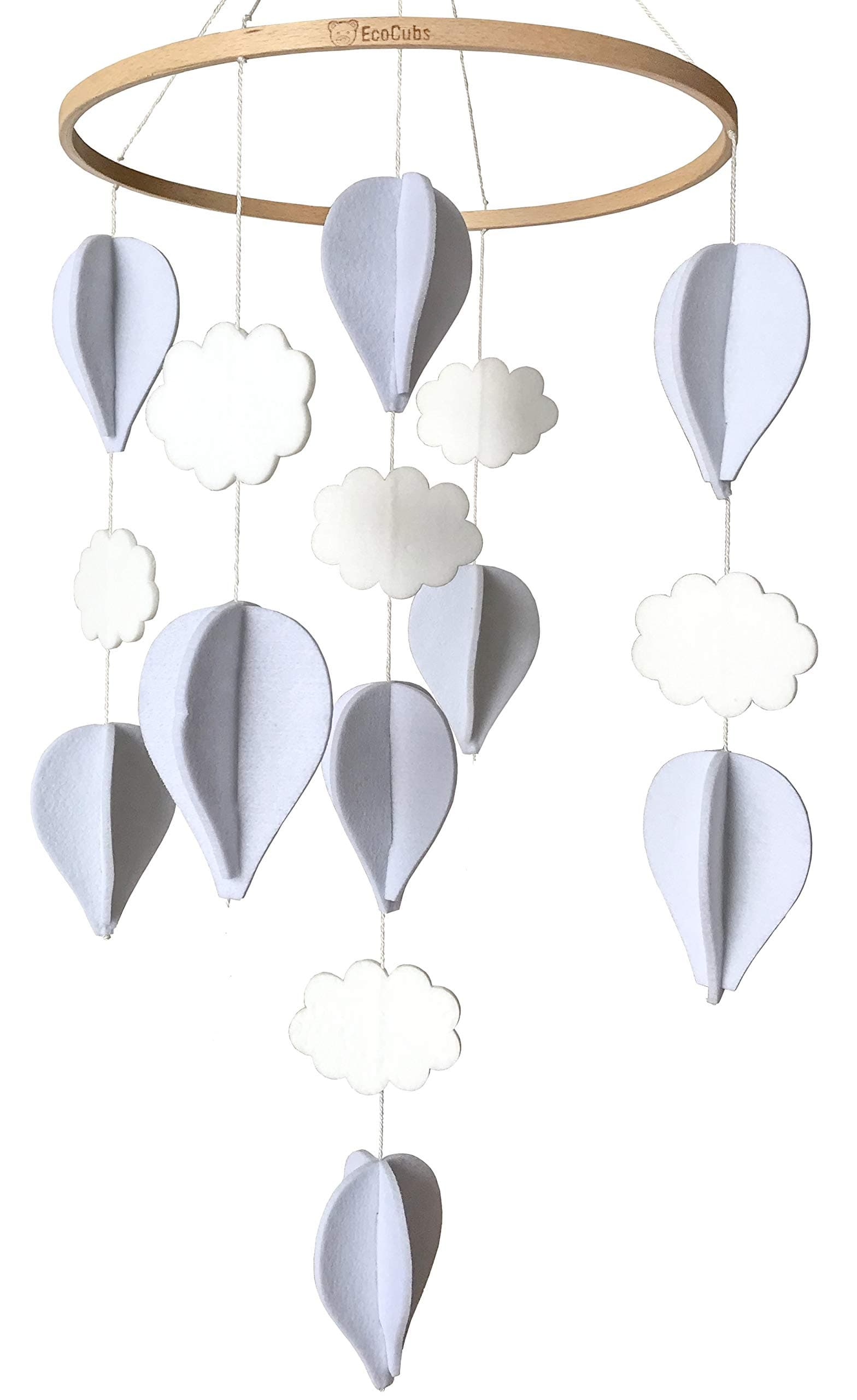 Handmade Baby Crib Mobile | White & Pale Grey | Hot Air Balloons & Clouds | Eco-Friendly Felt & Organic Beech Wood | Gender Neutral Nursery Decor | Simple & Modern Design