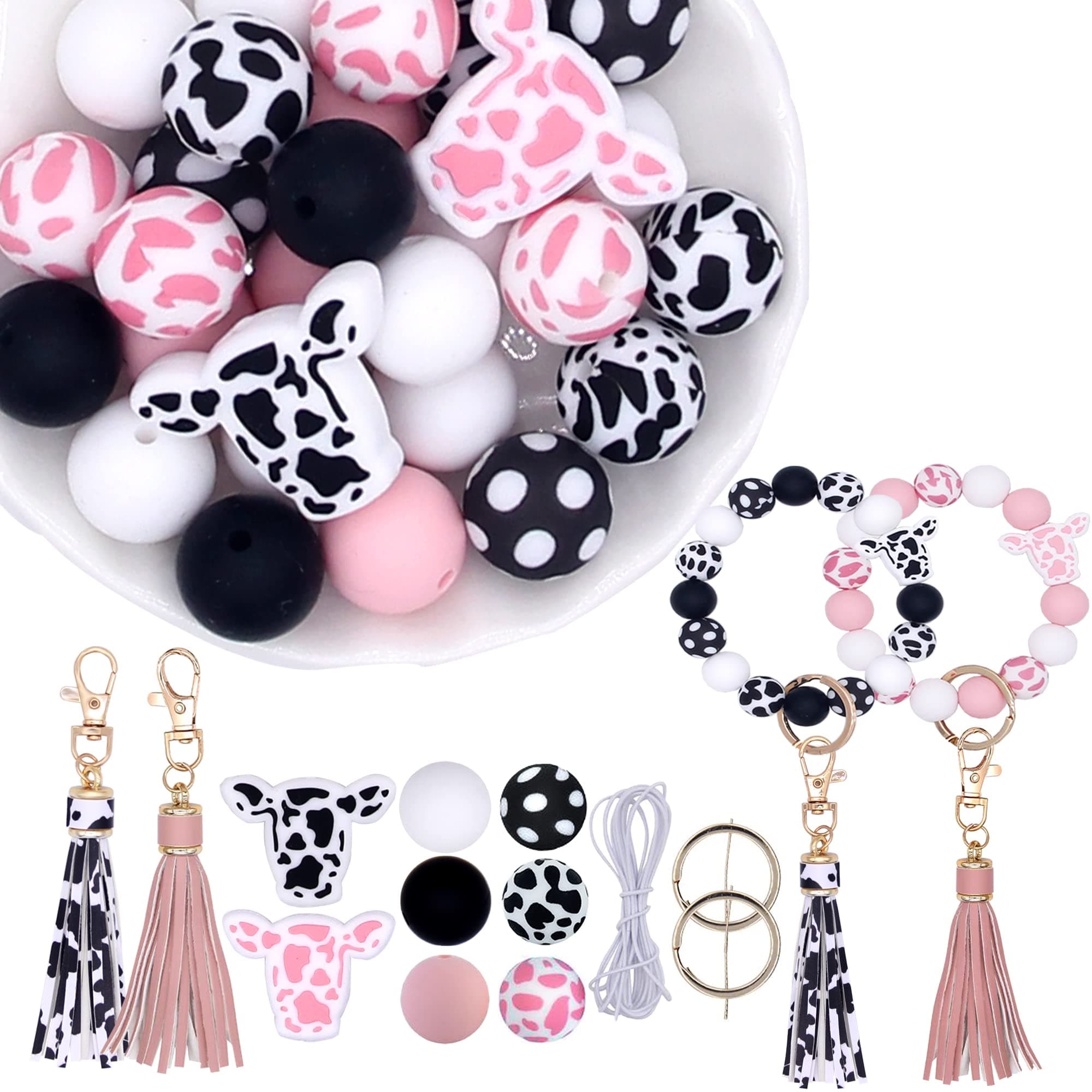 KJMYYXGS Cow Silicone Beads for Keychain Making, 15mm Silicone Beads Bulk Cow Print Silicone Beads with Tassel for Keychain Making(Cow1)