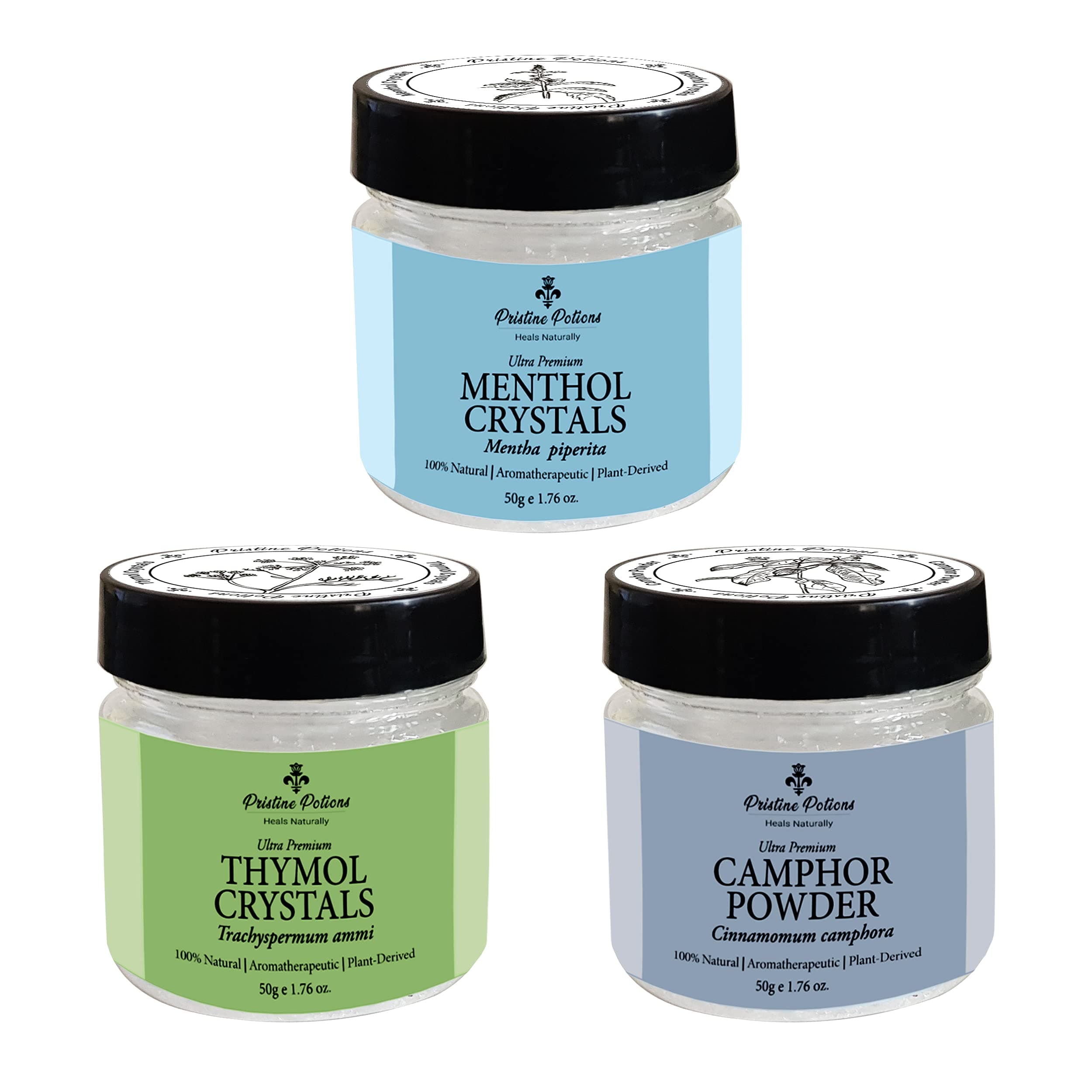 - Premium Grade Thymol, Menthol,Camphor Combo Pack (Ajwain ka phool, Peppermint, Kapoor) I 100% Pure & Natural I Aromatherapeutic I Plant-Derived I Total 150 grams (50 grams x 3)