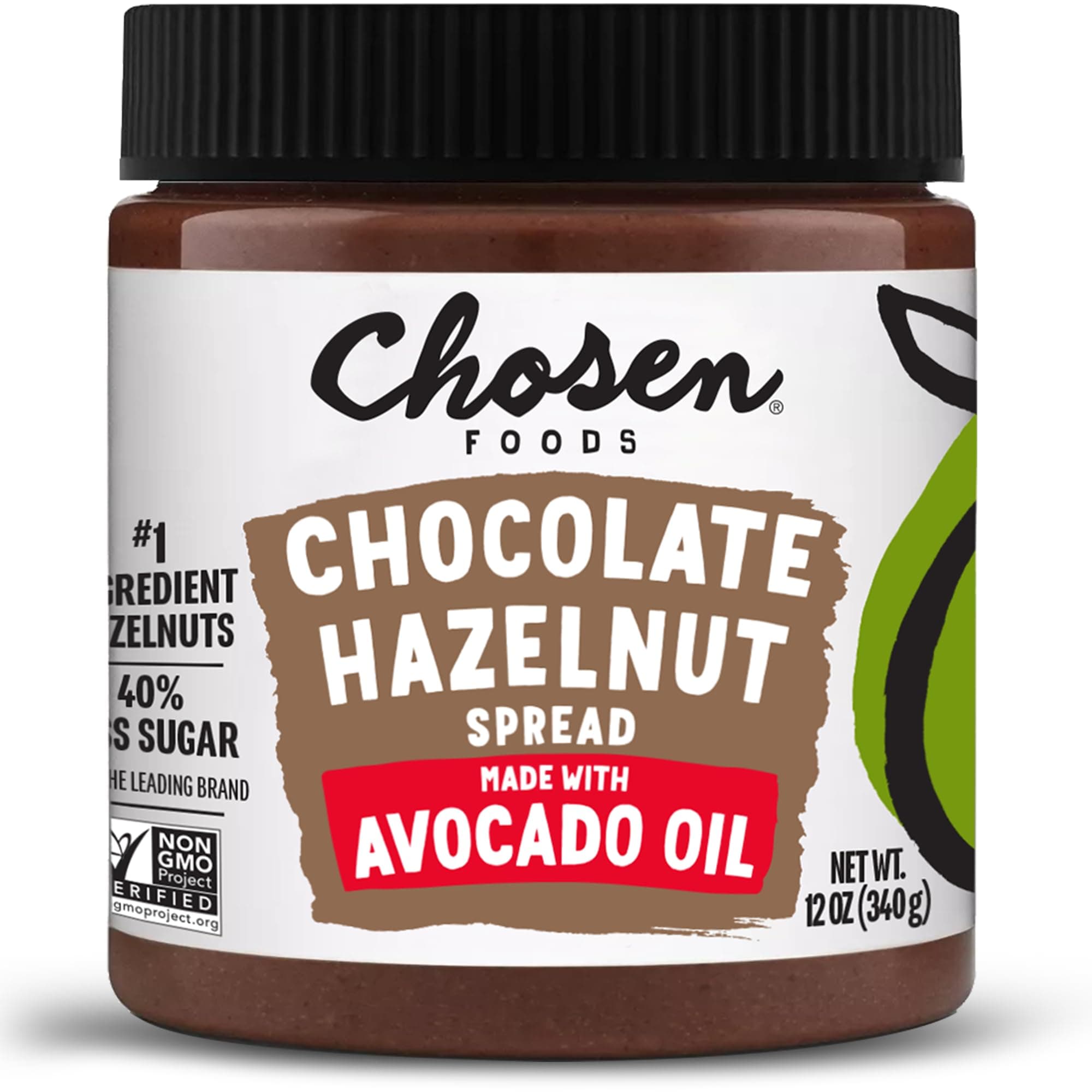 Chosen Foods Chocolate Hazelnut Spread - Made with 100% Pure Avocado Oil, Simple Ingredients, 40% Less Sugar, Vegan, Free of Palm Oil,12 oz 1-Pack