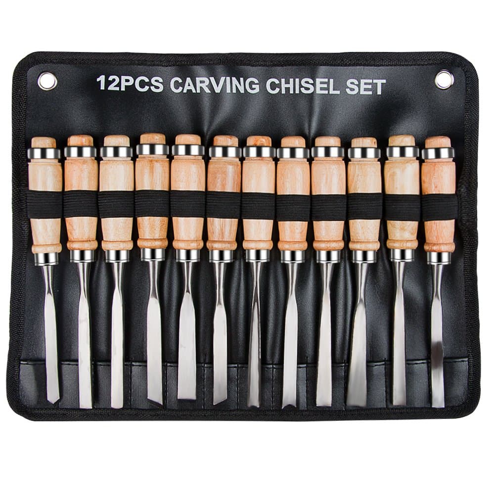 Nouvelife Set of 12 Wood Carving/Sculpture Chisel Tools - 20 cm Length, Wooden Handle with Storage Bag