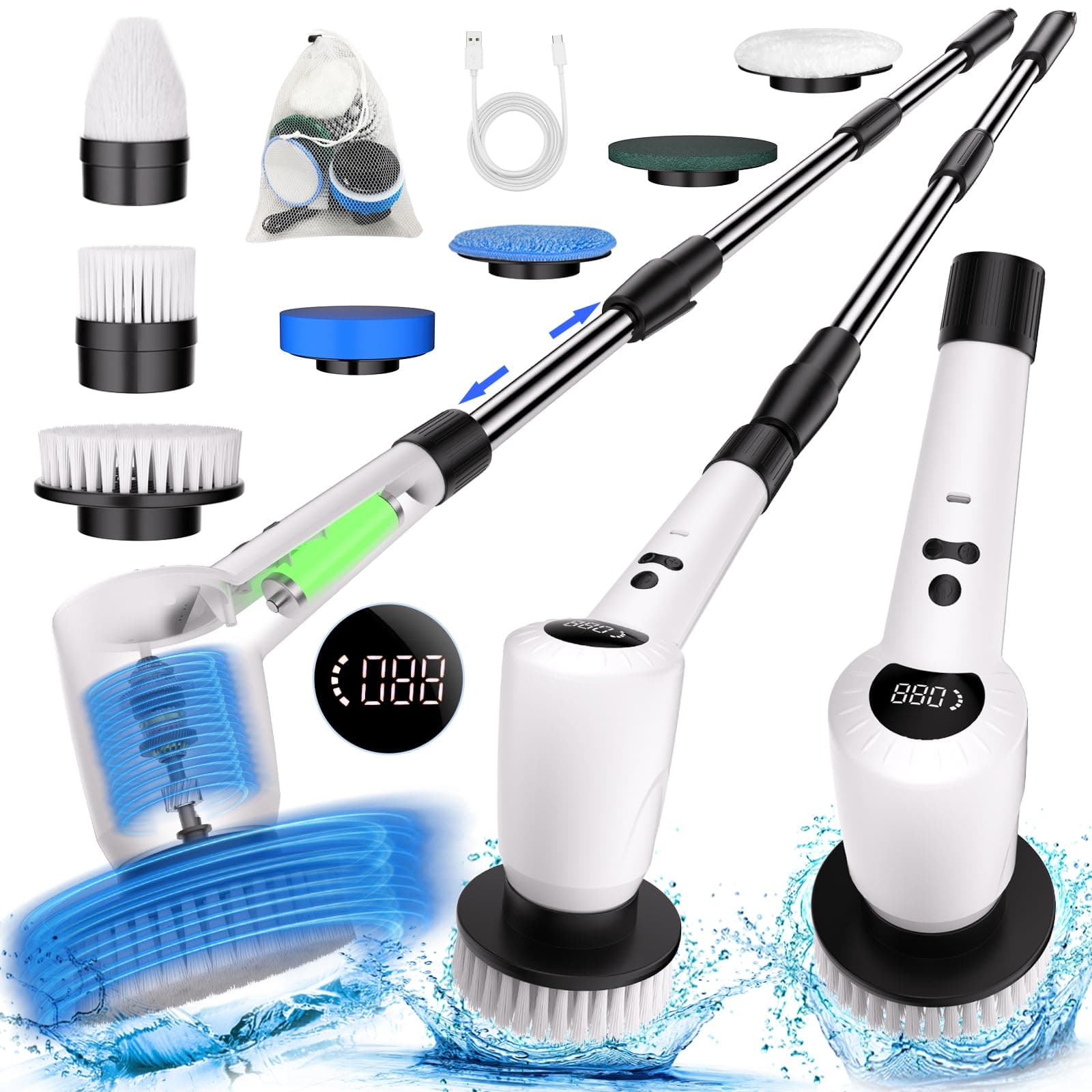 Electric Spin Scrubber,Upgrade Electric Spin Cordless Tub and Tile Scrubber w/ Adjustable Extension Arm,3 Speed 7 Replaceable Cleaning Heads,Power Spin Scrubbers Cleaning Bathroom,Floor,Car