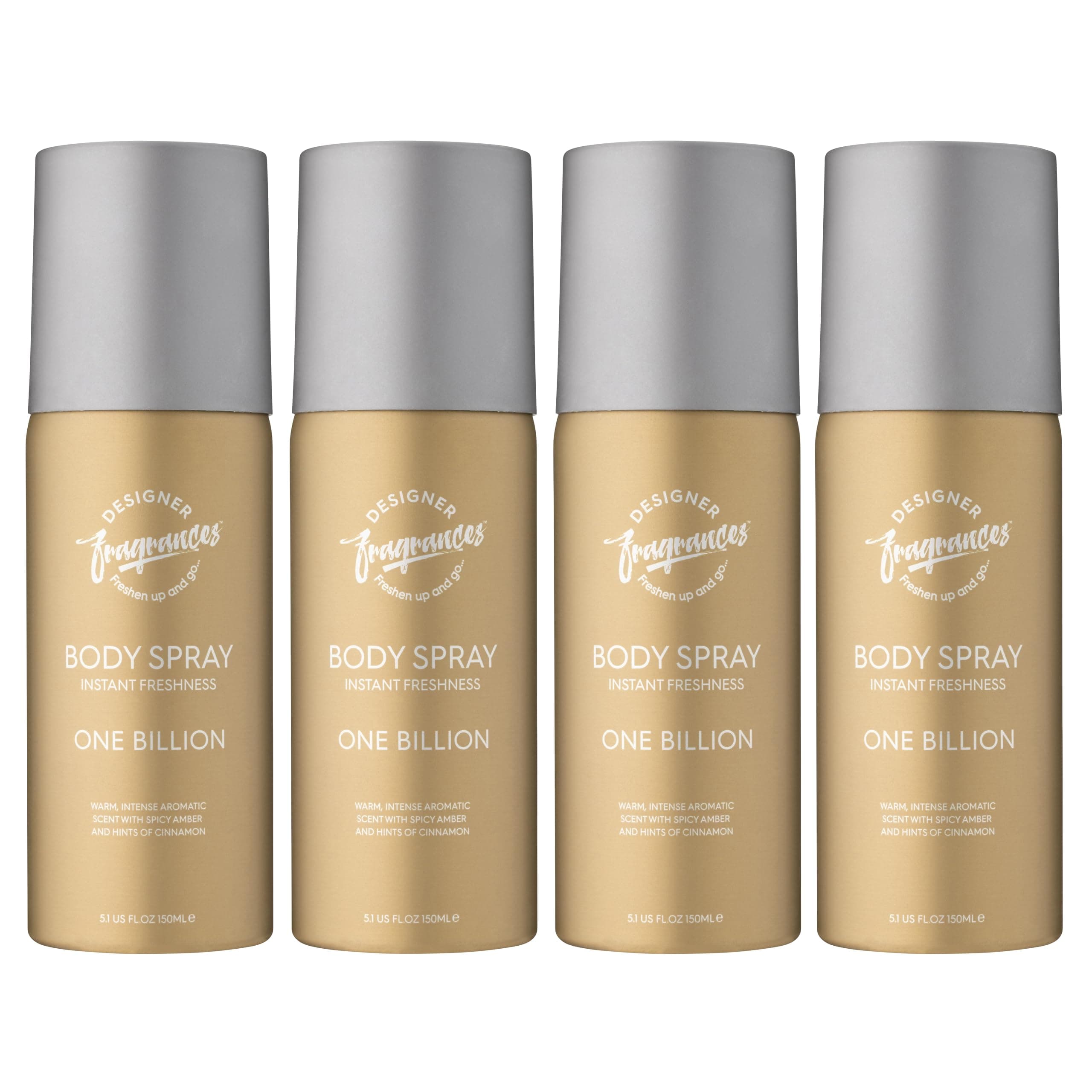 Designer Fragrances 4 Pack One Billion Men's Body Spray Deodorant Cans - For Instant Freshness on The Go - Long Lasting Smell - Great Male Gift Sets - 150ml