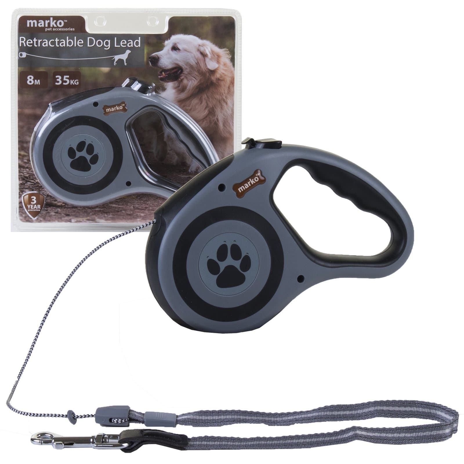 Retractable Dog Lead Flexi Locking Extending Leash Comfort Padded Large 8M 35KG (Grey)