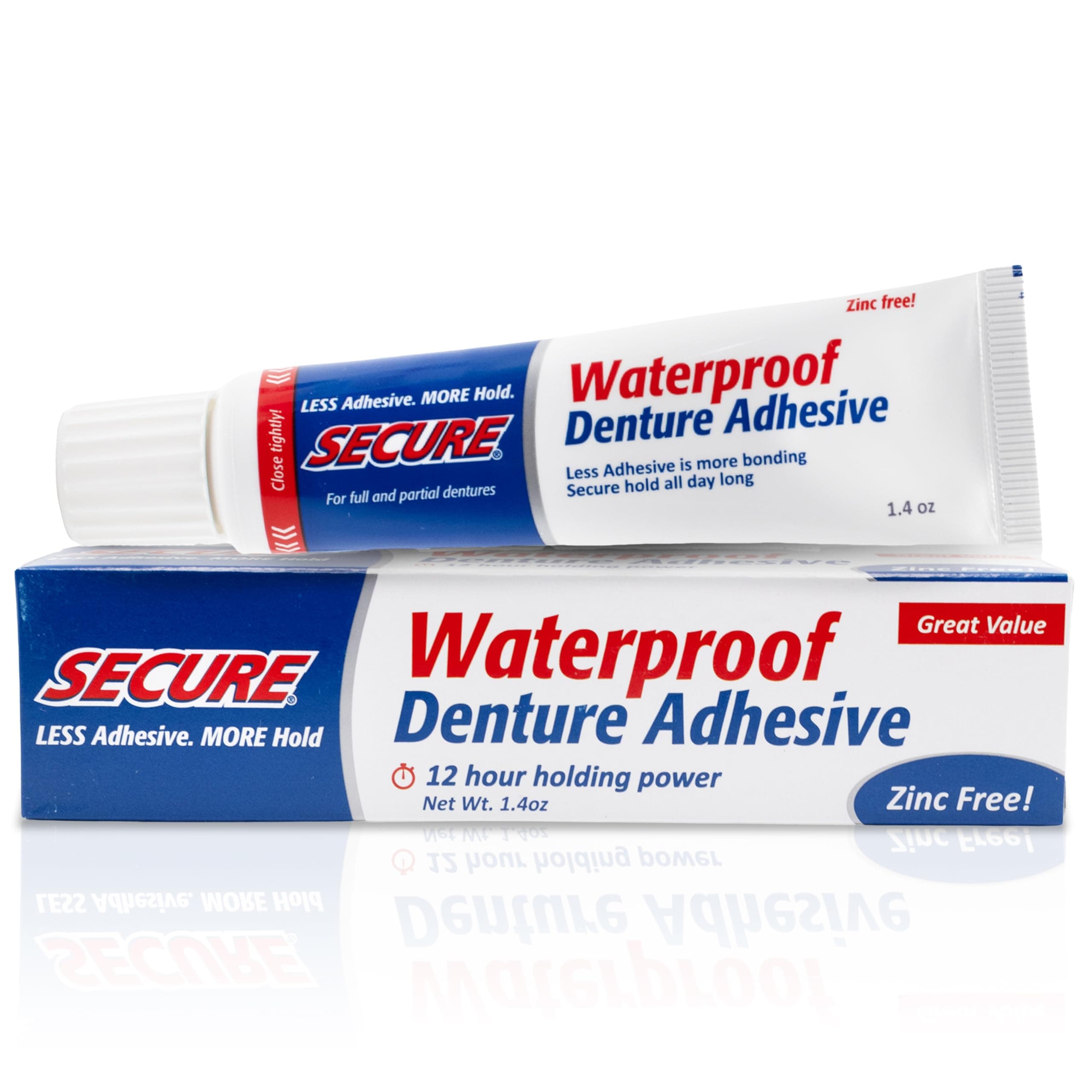 Denture Adhesive Waterproof Zinc Free 1.4 Oz. Formerly Secure Denture Bonding Cream 12 Hour Holding Power Size: 1.4 OZ