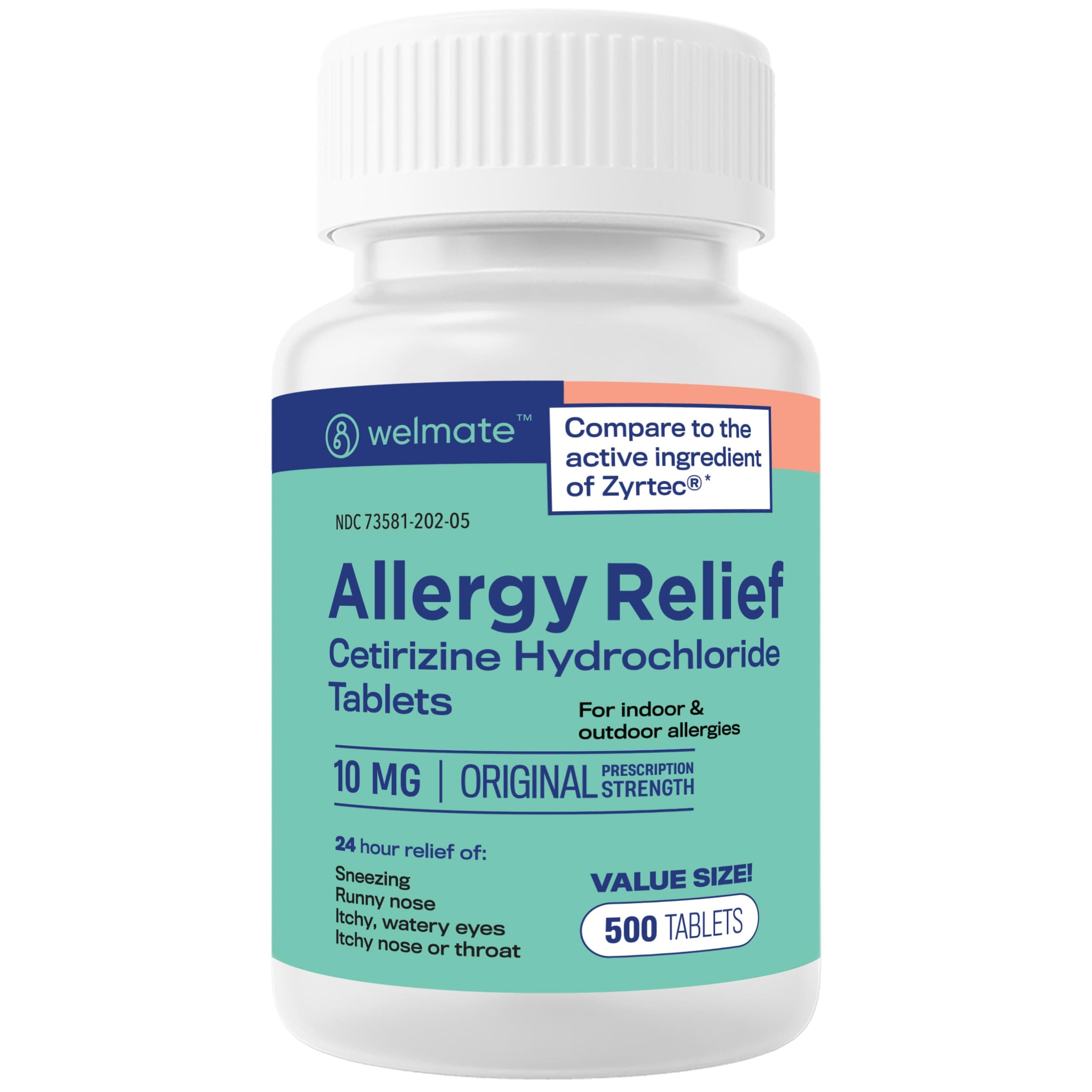 WELMATE - Allergy Relief (500 Tablets) Cetirizine Hydrochloride 10mg - 24 Hours - Non Drowsy - Indoor & Outdoor Allergy Medicine - Antihistamine - Nose, Eyes & Throat - Over-the-Counter Medication