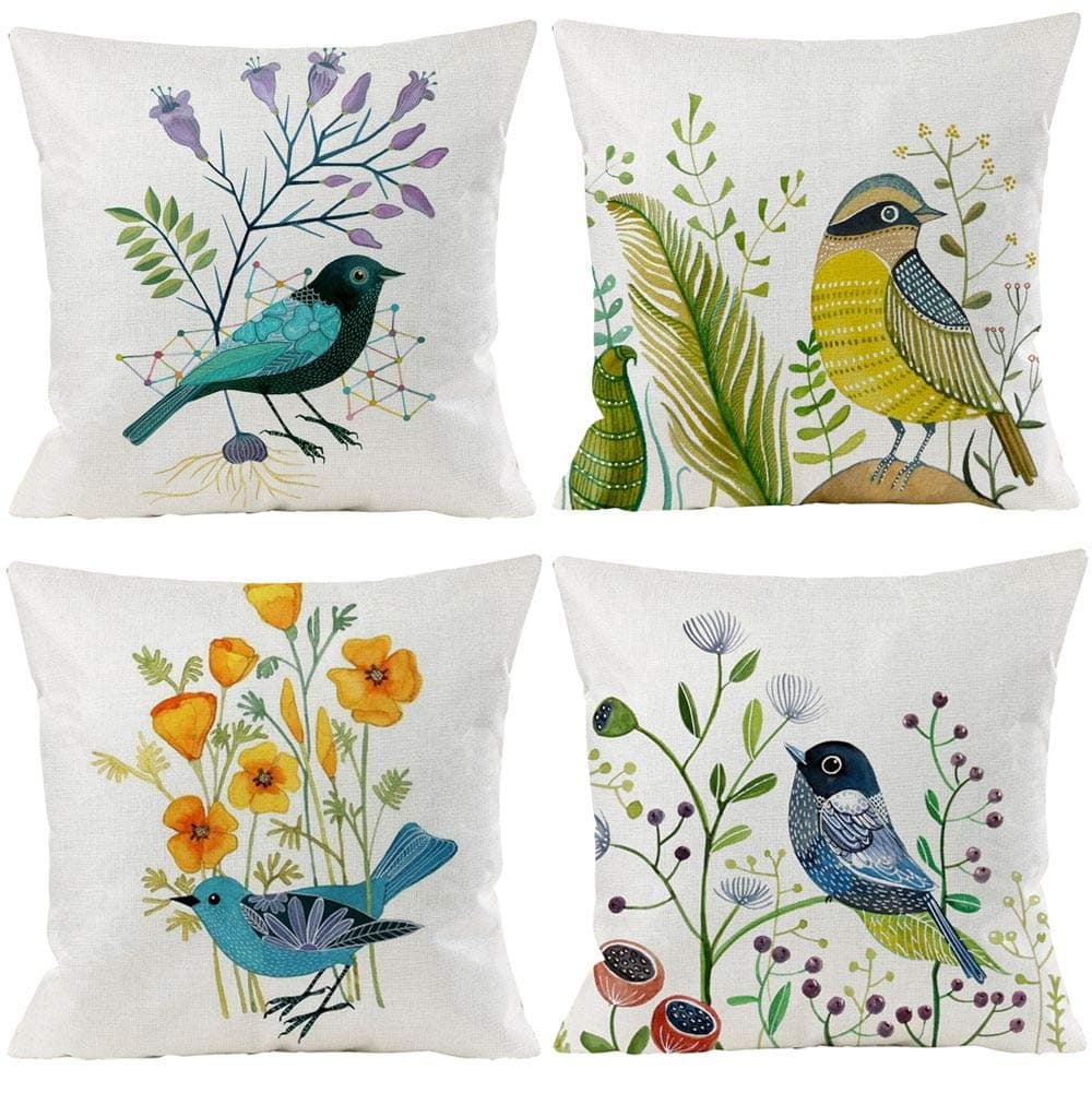 Bird Decorative Pillow Covers Spring Style Throw Pillow Cover Cushion Case Outdoor Flower Bird Set for Sofa Bed Couch Car Office 20x20 Inch Set of 4