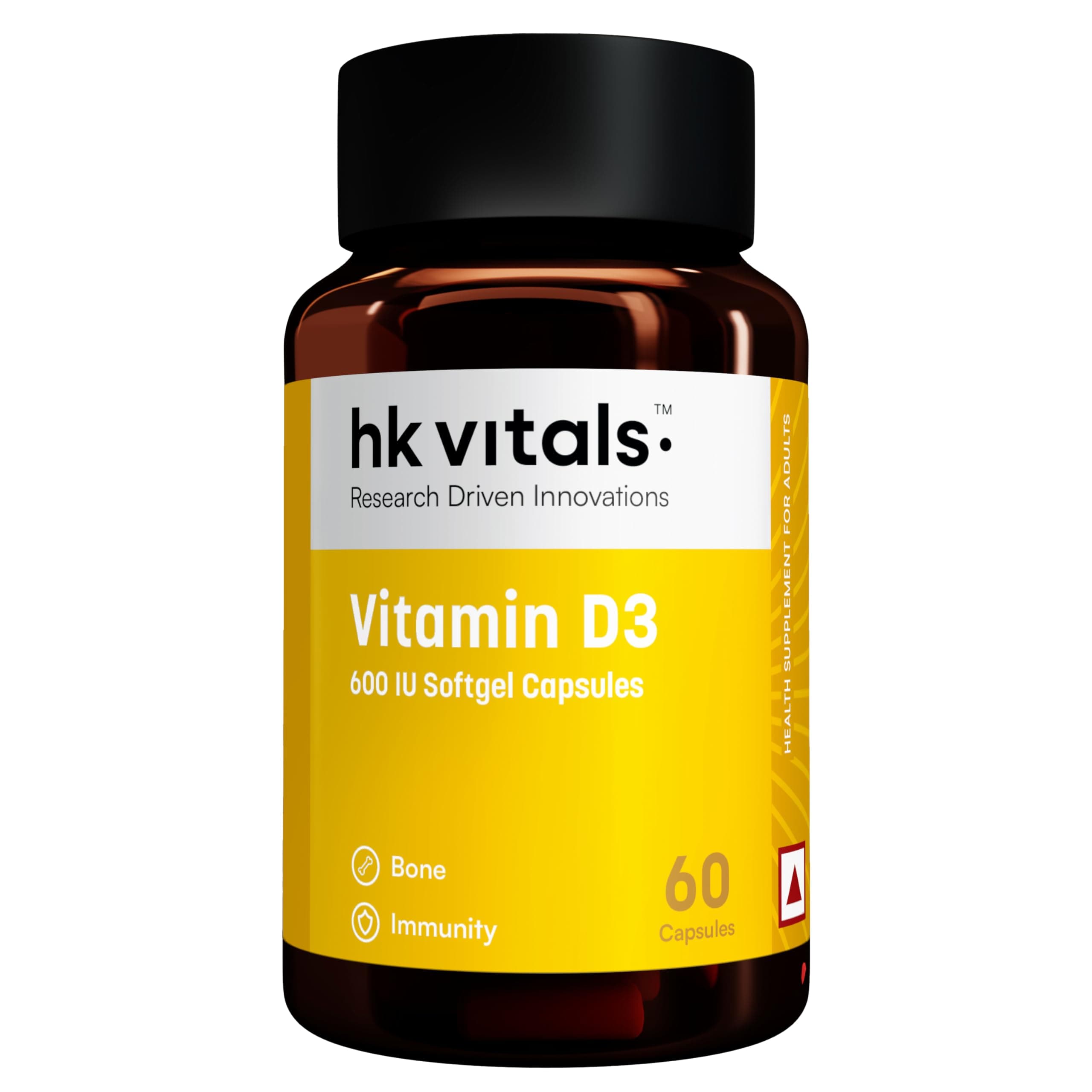 HealthKart HK Vitals Vitamin D3 (600 IU), with Sunflower Oil, Promotes Calcium Absorption, Bone Health, Muscle Strength & Immunity, 60 Vitamin D Capsules